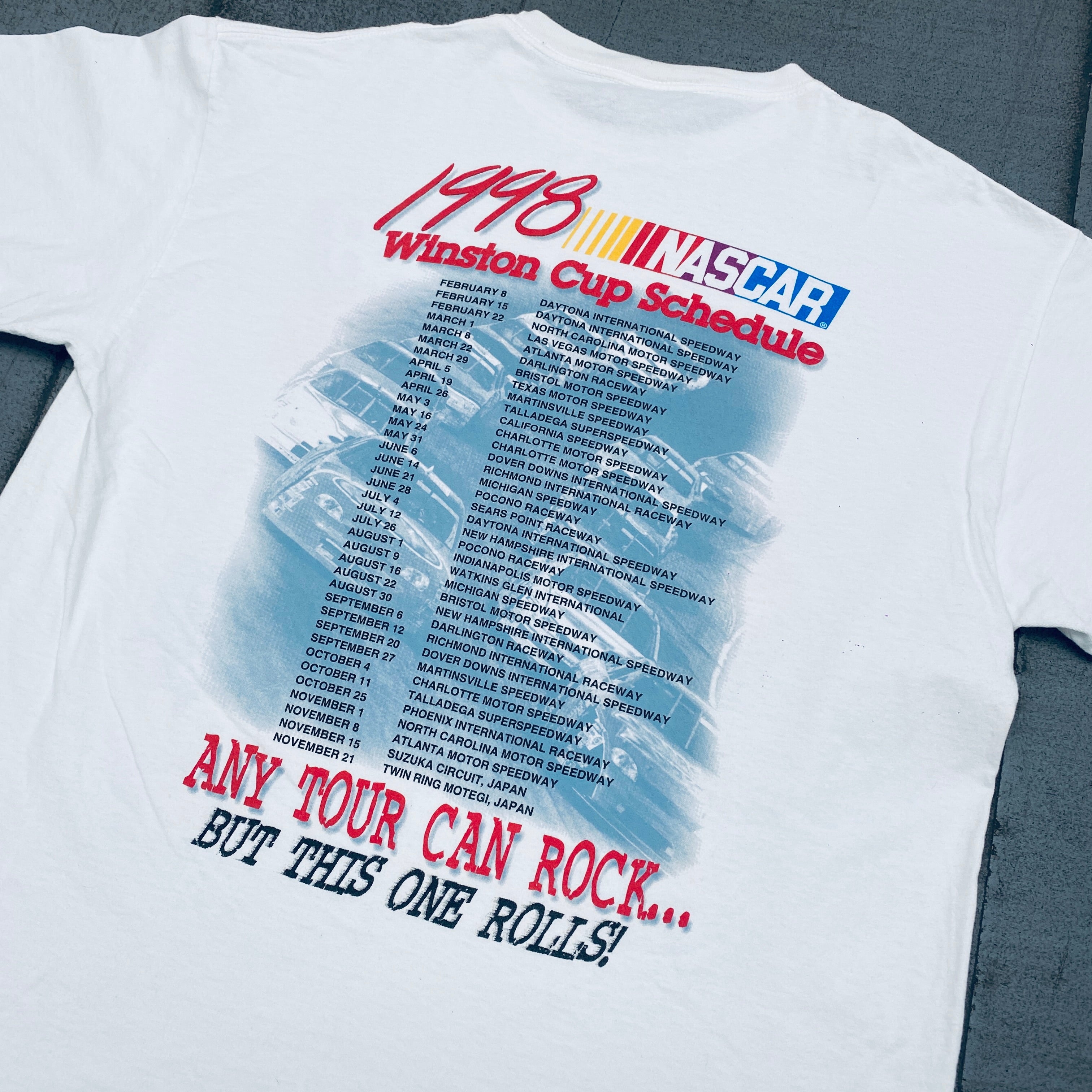 Vintage 1998 NASCAR Rolling On Tour Tultex T-Shirt (XL) - Classic Racing Fan Apparel for Collectors & Casual Wear