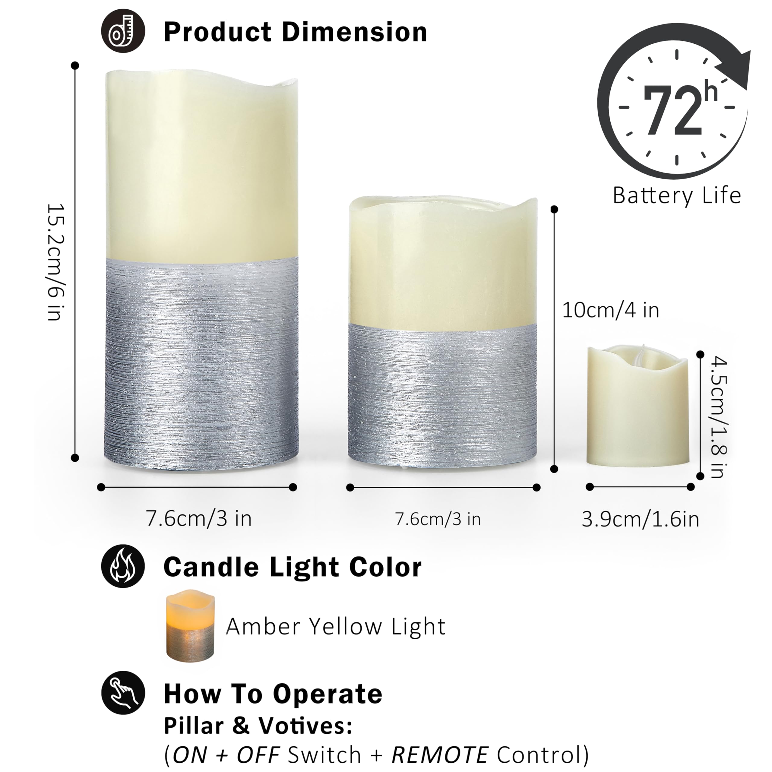 Flameless Candles with Remote & Timer - Silver Battery Operated for Christmas Decor