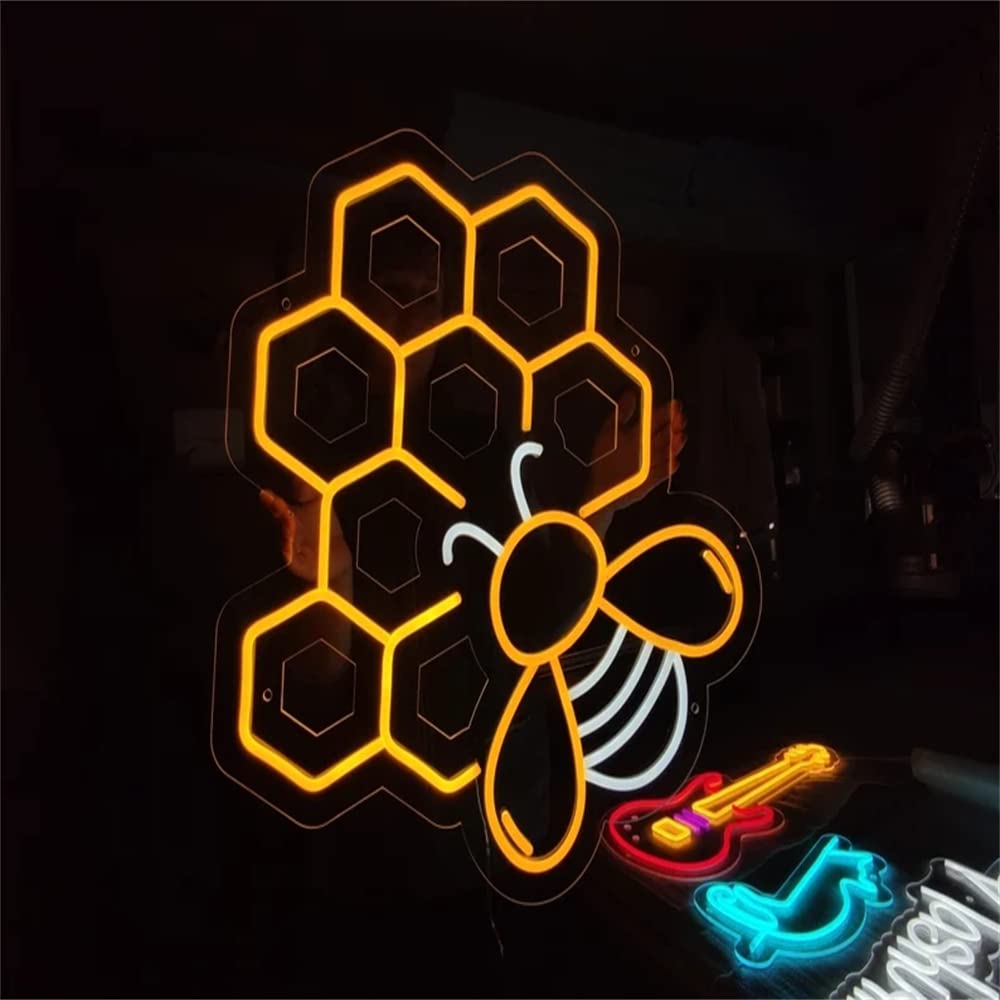 Honey Bee LED Neon Sign - Vibrant Honeycomb Wall Art for Bedroom, Bar & Cafe Decor - Perfect Beekeeper Gift & Unique Home Lighting (43x32.51cm) - Ideal for Birthday Presents, Wedding Decor & Apartment Aesthetics