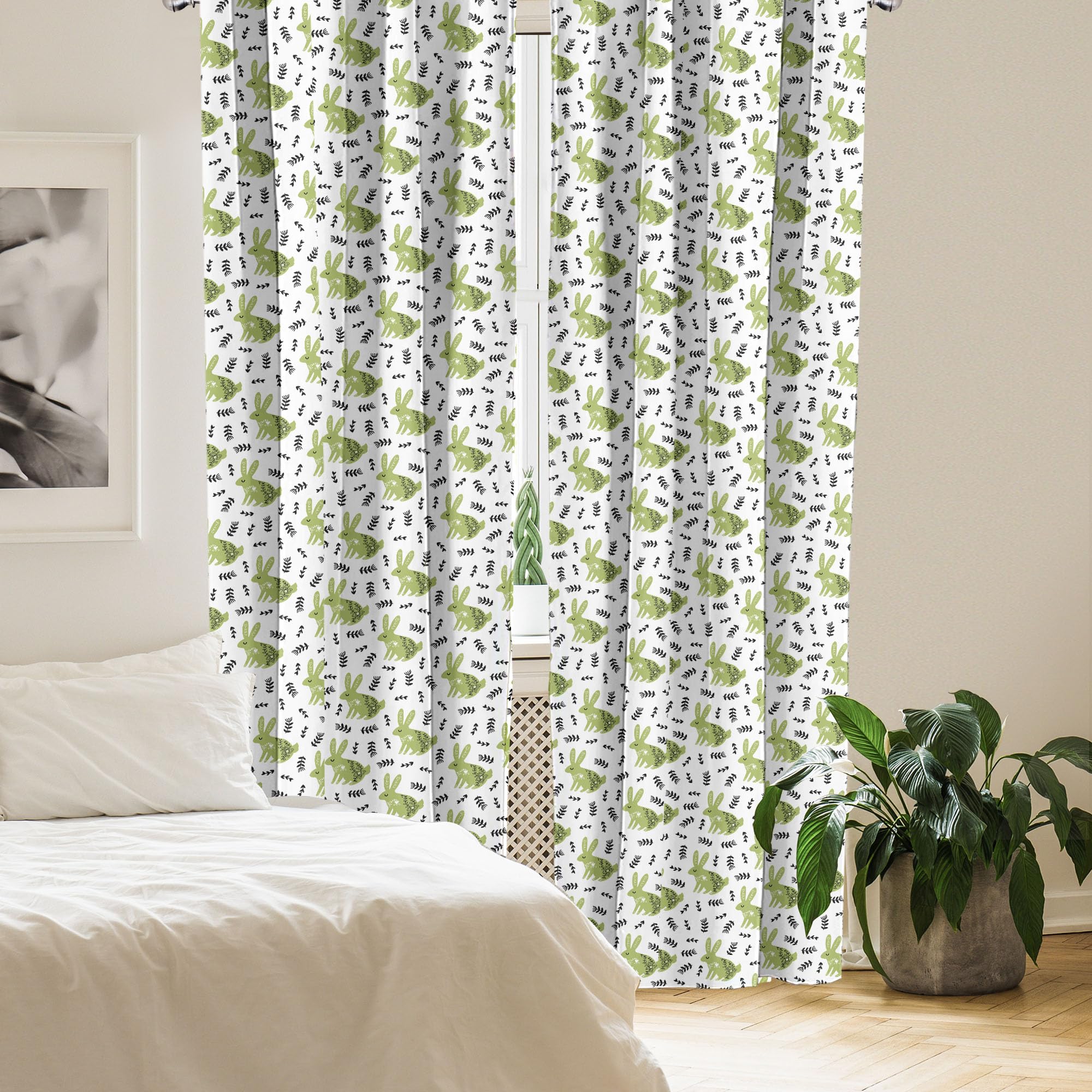 Ambesonne Rabbit Window Curtains - Scandinavian Floral Bunny Design with Leafy Stems, Lightweight Black & Pistachio Green 2-Panel Set (28