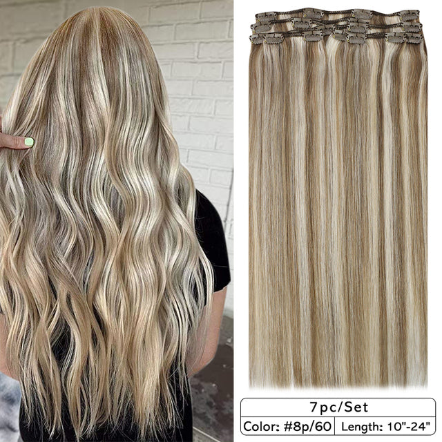 Double Wefted Clip-In Human Hair Extensions - 7pcs 105g for Natural Volume & Length | Perfect for Daily Styling, Parties & Special Occasions
