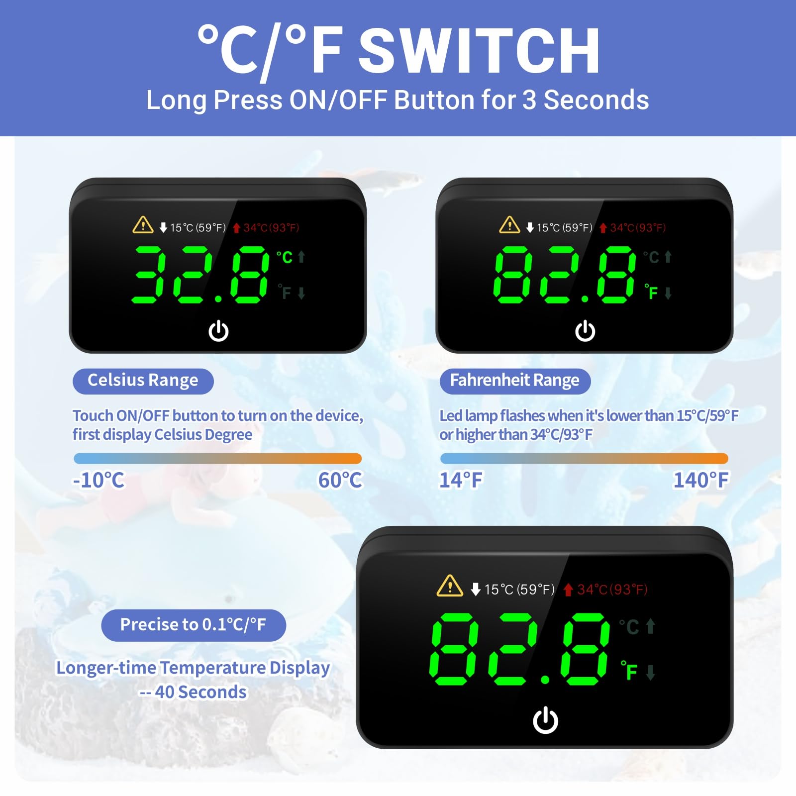 Digital Aquarium Thermometer with LED Display - for Fish Tanks & Aquariums (2-Pack)