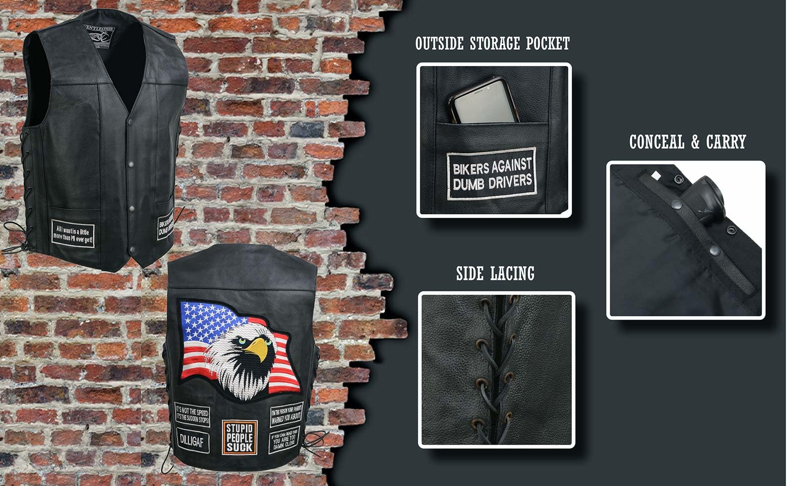 Men's Black Leather Motorcycle Vest w/Patches - Riding Club Gear for Bikers