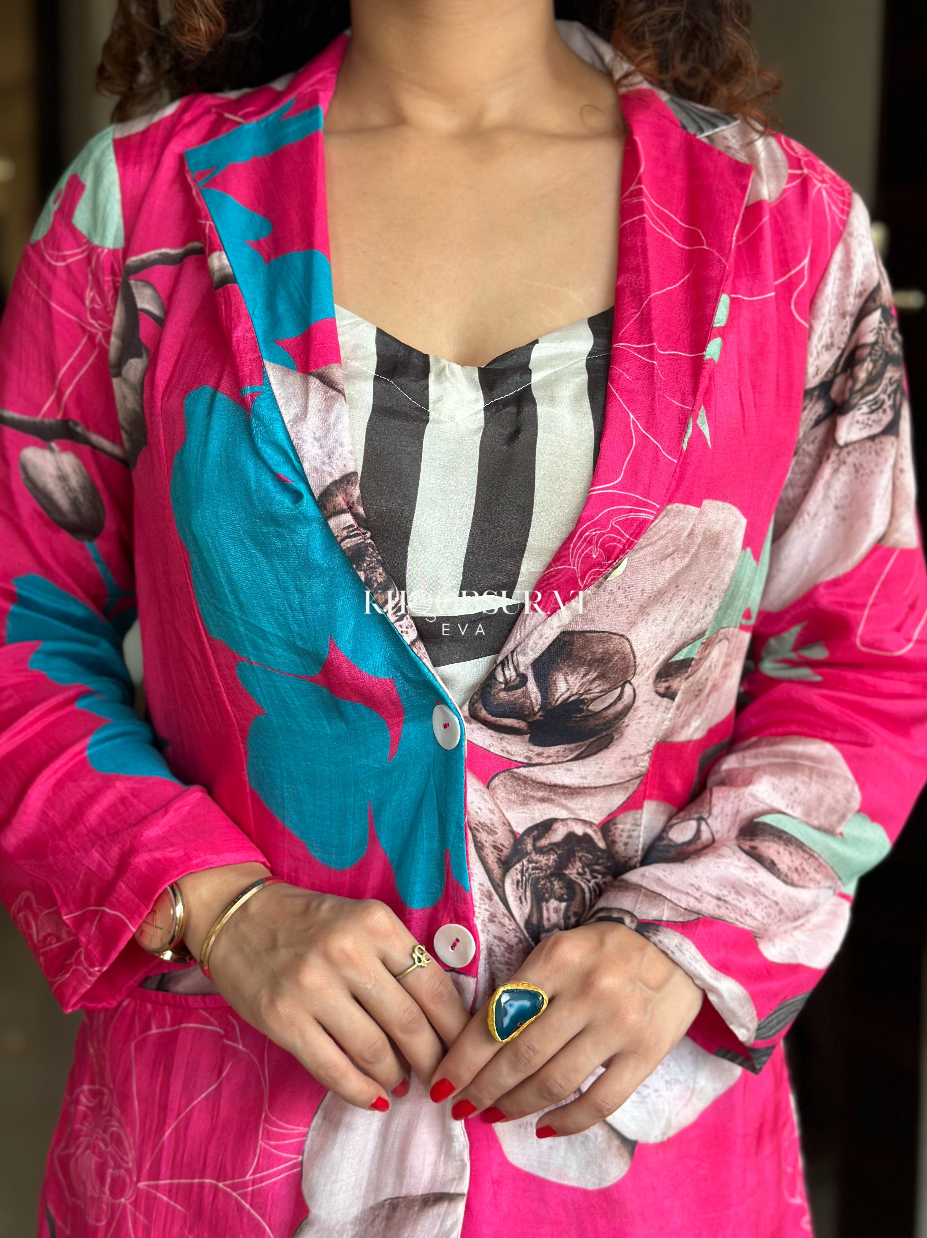 Stylish Pink Floral Blazer Coord Set for Women - Office Wear & Spring Outfits | Trendy Matching Jacket & Pants Suit
