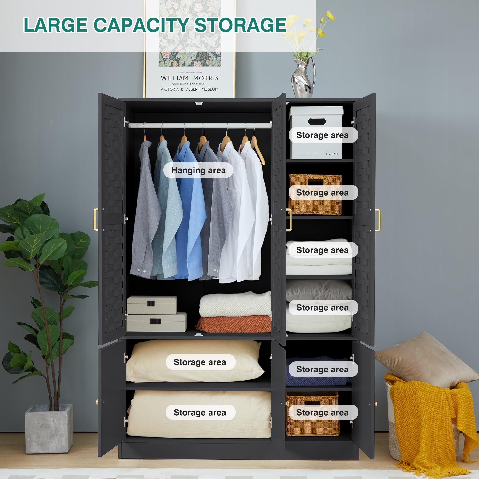 LEVNARY 6-Door Woven Wardrobe Closet - Walnut Armoire Cabinet with Adjustable Shelves & Hanging Rail | High-Capacity Freestanding Bedroom Storage | Perfect for Small Spaces & Apartment Organization (Black)