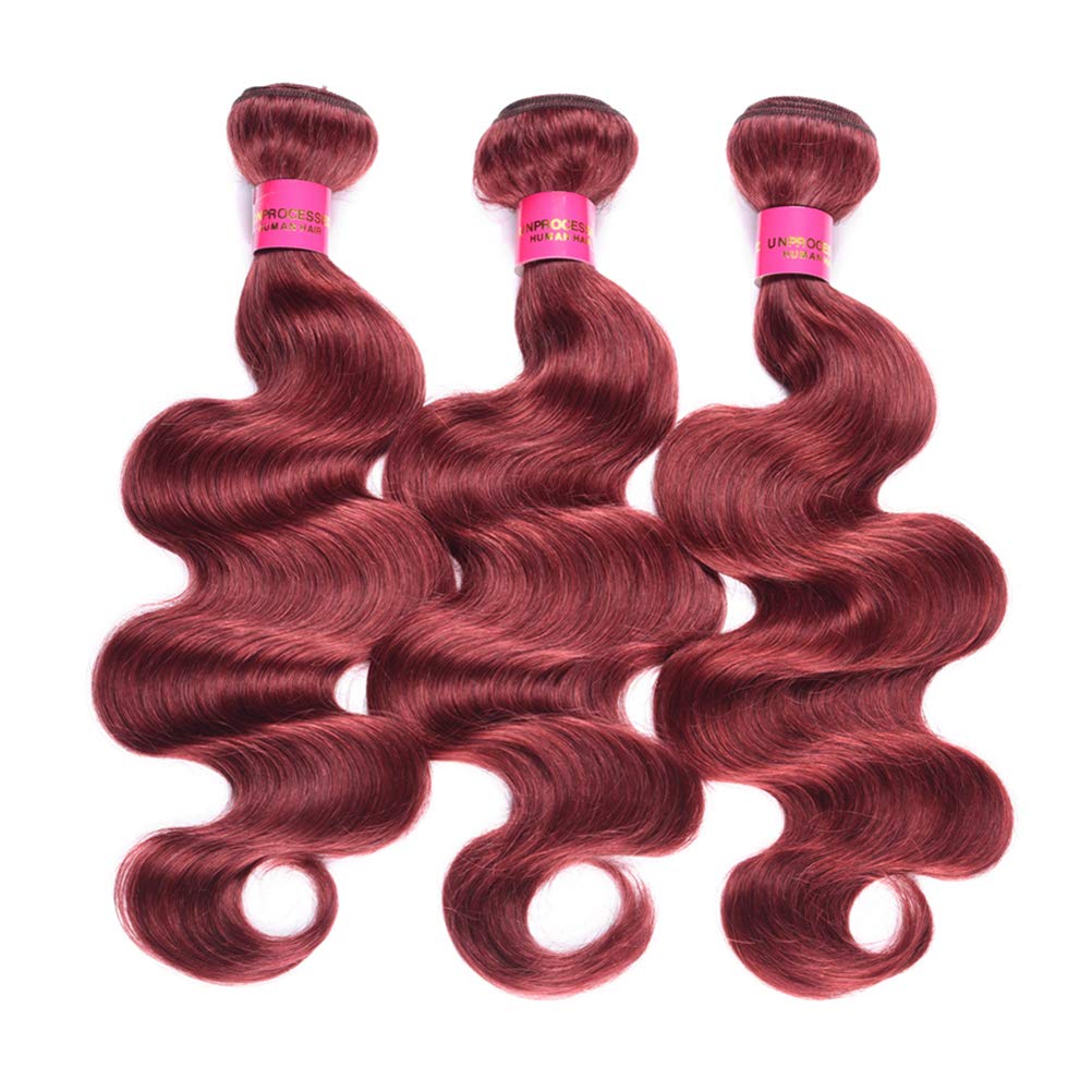 WOME Peruvian Virgin Human Hair Bundles - 3 Bundles Body Wave 8A Hair Extensions in Wine Red (#33) for Styling & Volume - 14