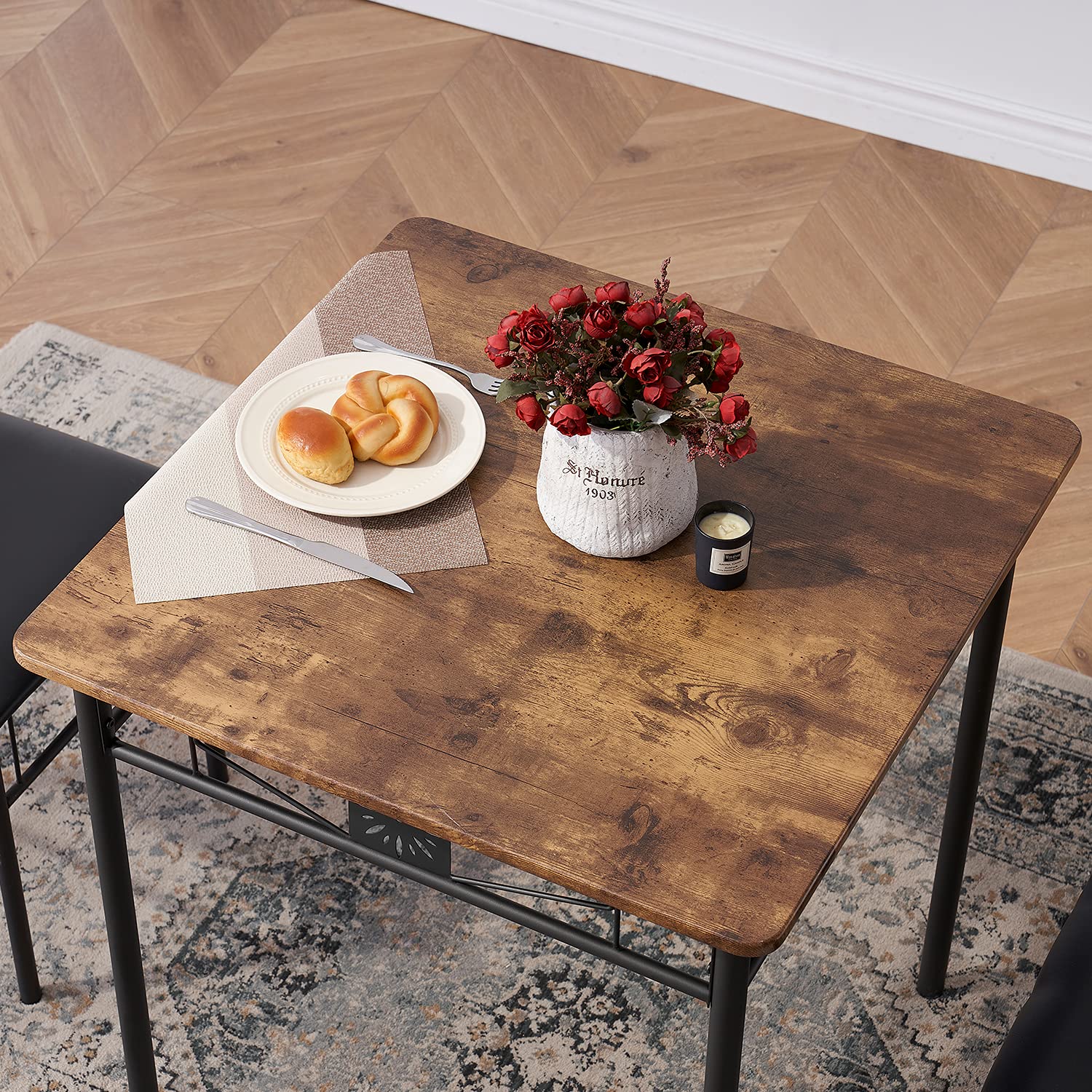 VECELO 3-Piece Retro Brown Wooden Dining Table Set with PU Cushion Chairs - Compact Kitchen Table for Small Spaces, Perfect for Apartments, Breakfast Nooks & Cozy Dining Areas