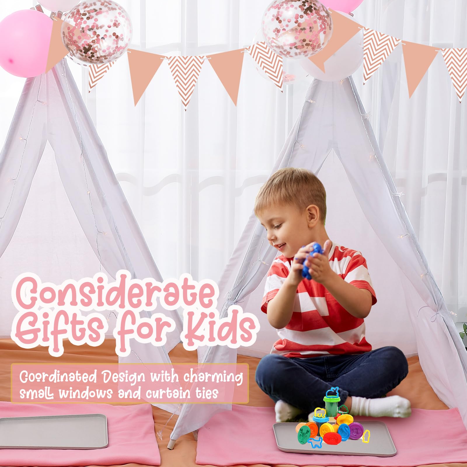 **6 Pack Kids Teepee Tent with Light Blankets & Trays - Natural Cotton Play Tent for Toddlers, Washable Indoor/Outdoor Sleepover Tent for Boys & Girls - Perfect for Slumber Parties, Birthday Gifts & Playroom Decor**