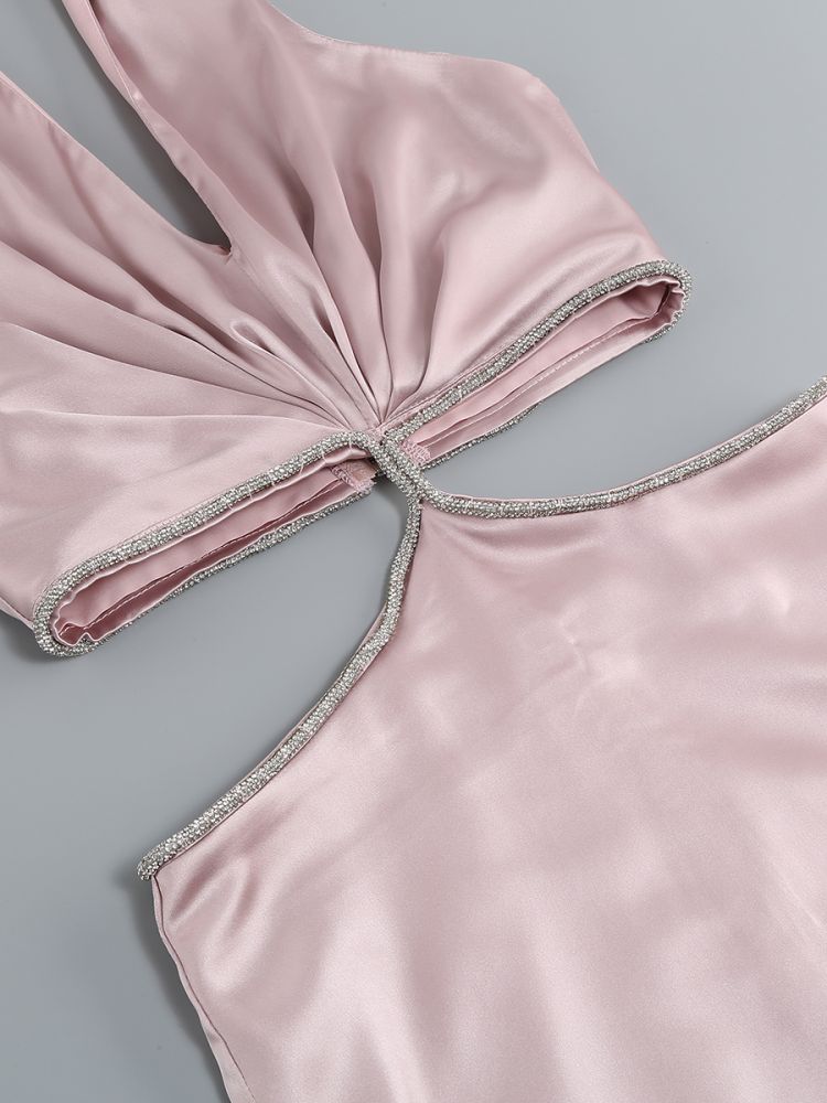 Pink Satin Mini Dress with Crossover Cutout Design - Perfect for Evening Parties, Date Nights & Special Occasions