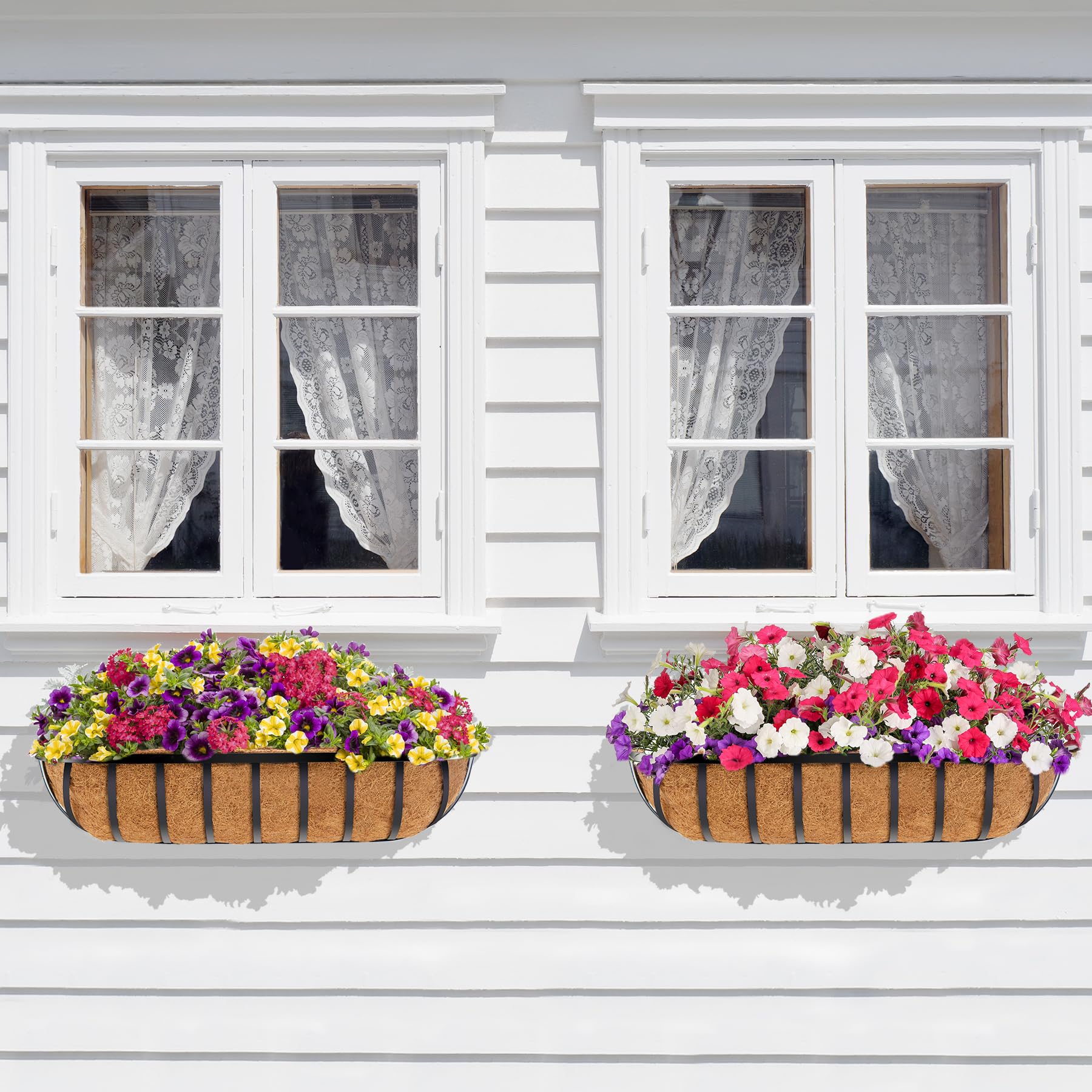 30 Inch Window Box Planter with Coconut Coir Liner - 4 Pack Metal Hanging Flower Basket for Deck, Fence & Railing - Outdoor Garden & Lawn Decor (Perfect for Flowers, Herbs & Small Plants)