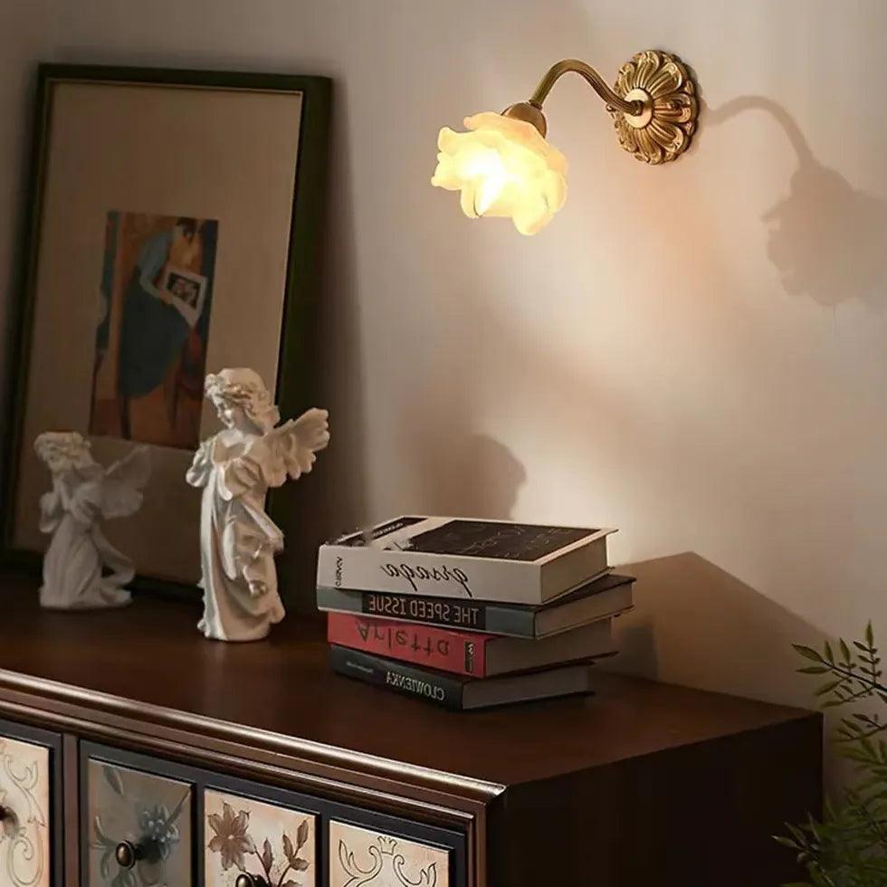 Vintage Brass Wall Sconce with Petal Glass Shade - Elegant Antique Lighting for Living Room, Bedroom, or Hallway Decor