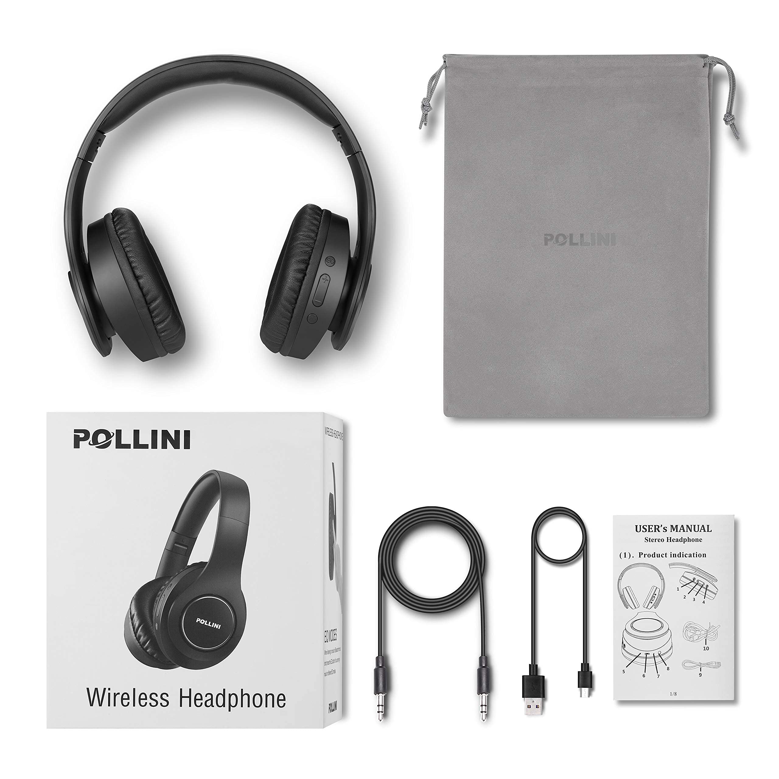 Pollini Bluetooth Headphones Wireless - 40H Playtime Over Ear Headphones with Mic, Deep Bass Stereo & Memory-Protein Earmuffs for Phone/PC/TV/Gaming/Travel - Foldable Design (Black)