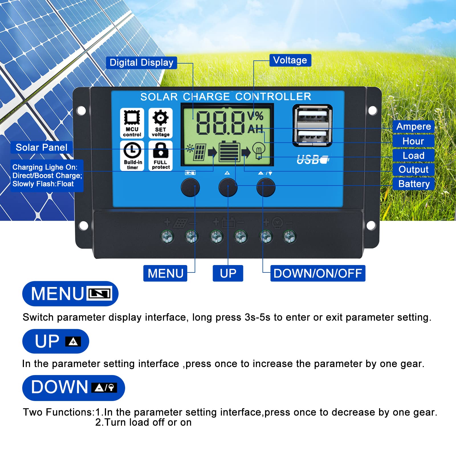 10A PWM Solar Charge Controller with LCD Display & Dual USB Ports - 12V/24V Auto for Solar Panels, Batteries - Perfect for Small Solar Systems, RVs, Boats & Off-Grid Power