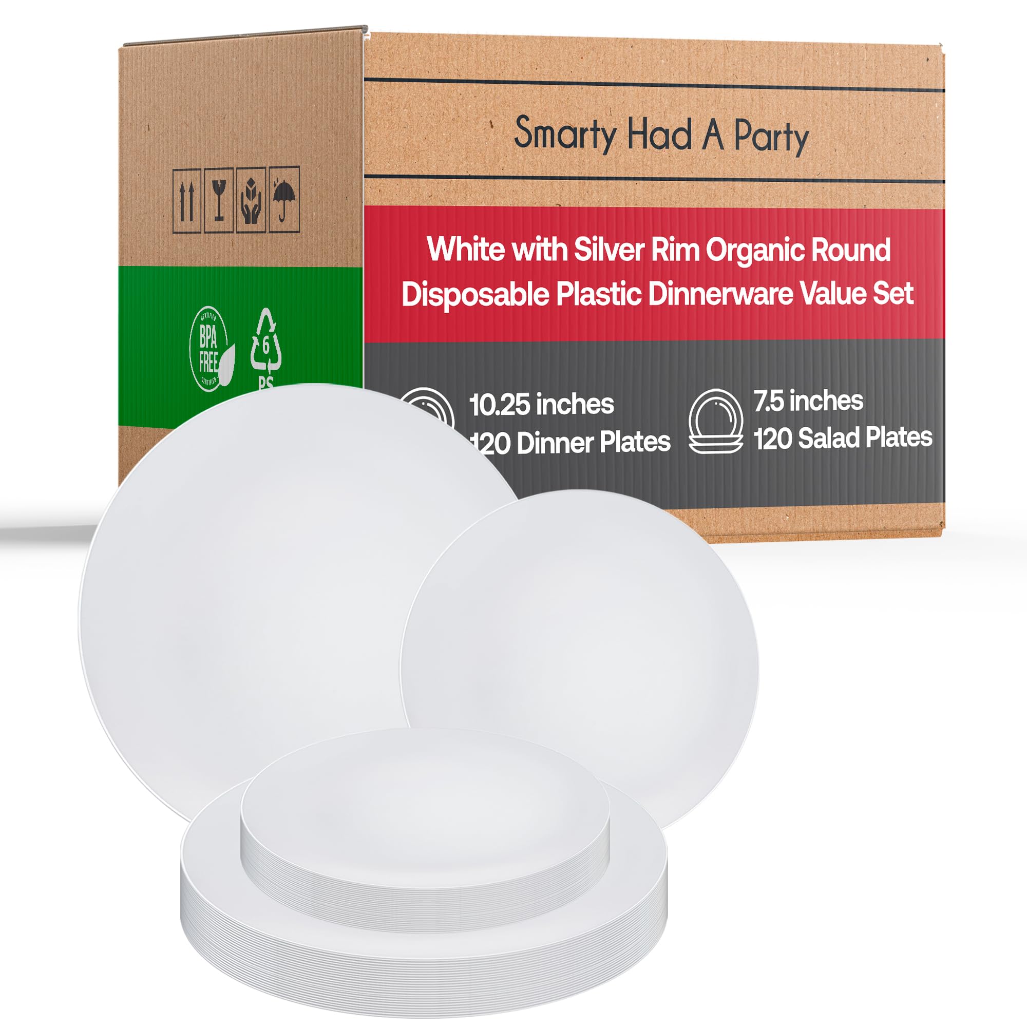 Eco-Friendly Disposable Plastic Plates with Elegant Rim Design - Bulk Round Dinnerware for Wedding, Birthday Party, Picnic & All Special Occasions (White & Silver Combo Set, 120-Pack) - Perfect for Outdoor Events, Catering & Large Gatherings