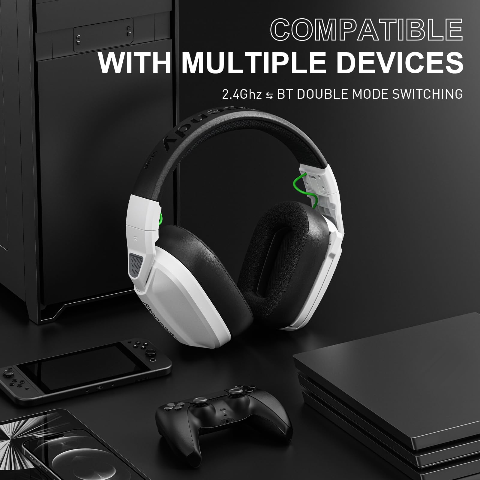 Skapendy VK80 2.4GHz Wireless Gaming Headset for PS5, PS4, PC & Nintendo Switch - Bluetooth Headphones with Noise Cancelling Mic, Stereo Sound, 50+ Hour Battery Life - Perfect for FPS Gaming, Online Chat & Long Gaming Sessions (White)