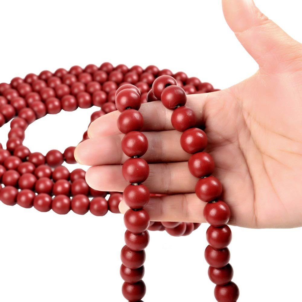 REOVE Christmas Wooden Bead Garland - 9ft Bright Red Wood Bead Rope for Holiday Tree Decorations, Xmas Party, Fireplace & Home Décor (Dark Red)