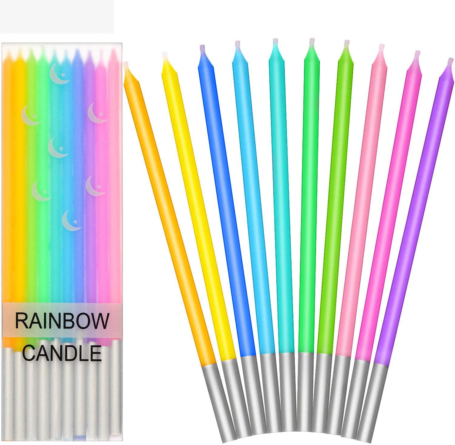10 Pack Tall Skinny Rainbow Birthday Cake Candles - Long Thin Metallic Candles for Birthday, Wedding & Party Cakes - Colorful Cake Decorations with Candle Holders - Perfect for Birthday Parties, Wedding Cakes & Special Celebrations
