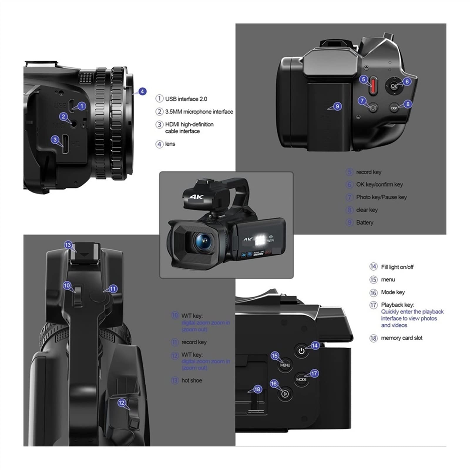 4K Professional Vlog Camcorder - 18X Zoom, 64MP, Auto Focus for YouTube & Streaming