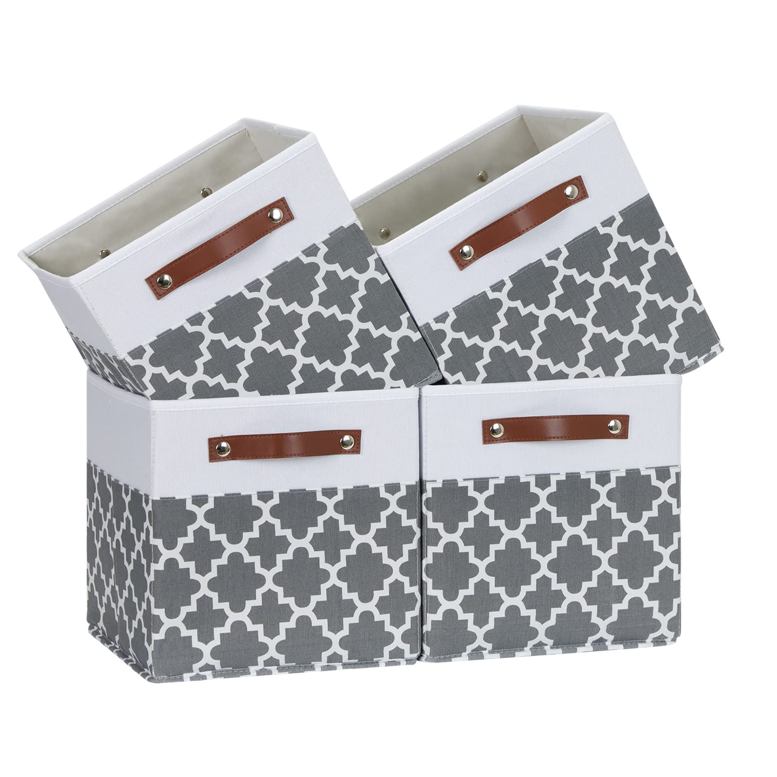 Temary 11x11x11 Inch Cube Storage Bins 4-Pack - Foldable Canvas Organizer Bins with Leather Handles for Closet, Nursery, Office - Grey Lattice Home Organization Solution