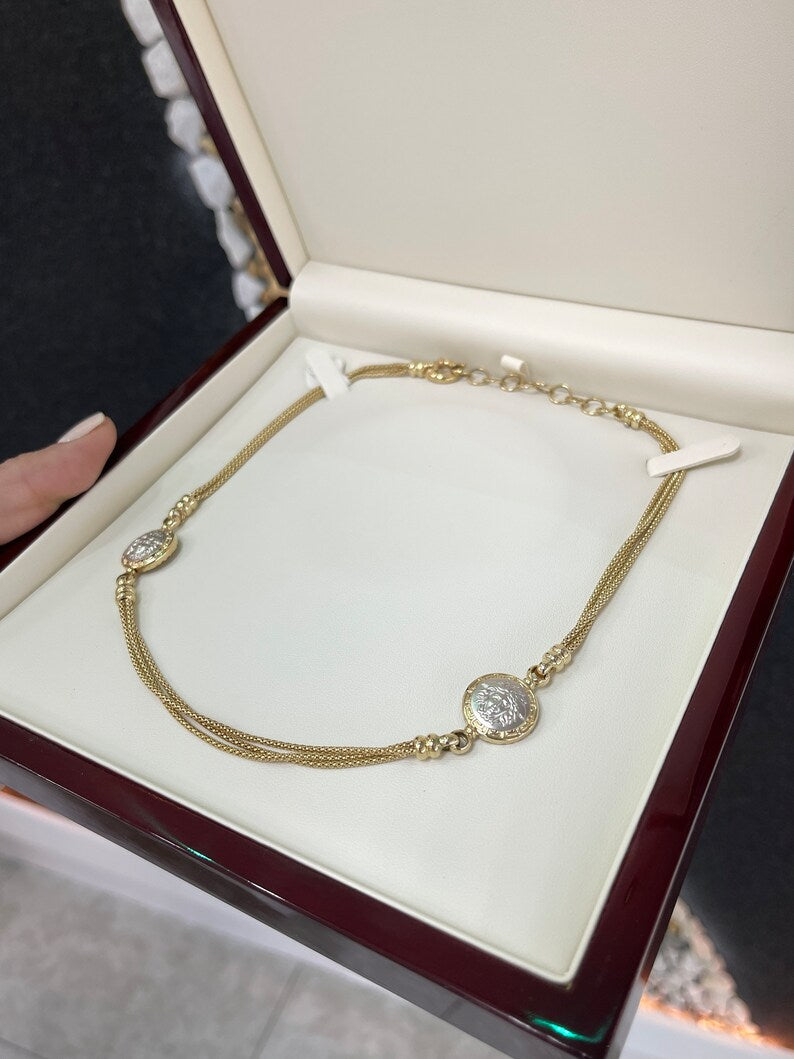 14K Solid Yellow Gold Medusa Head Triple Box Chain Necklace - 17-19 Inches, Elegant Layered Statement Jewelry for Women, Perfect for Parties, Weddings and Special Occasions