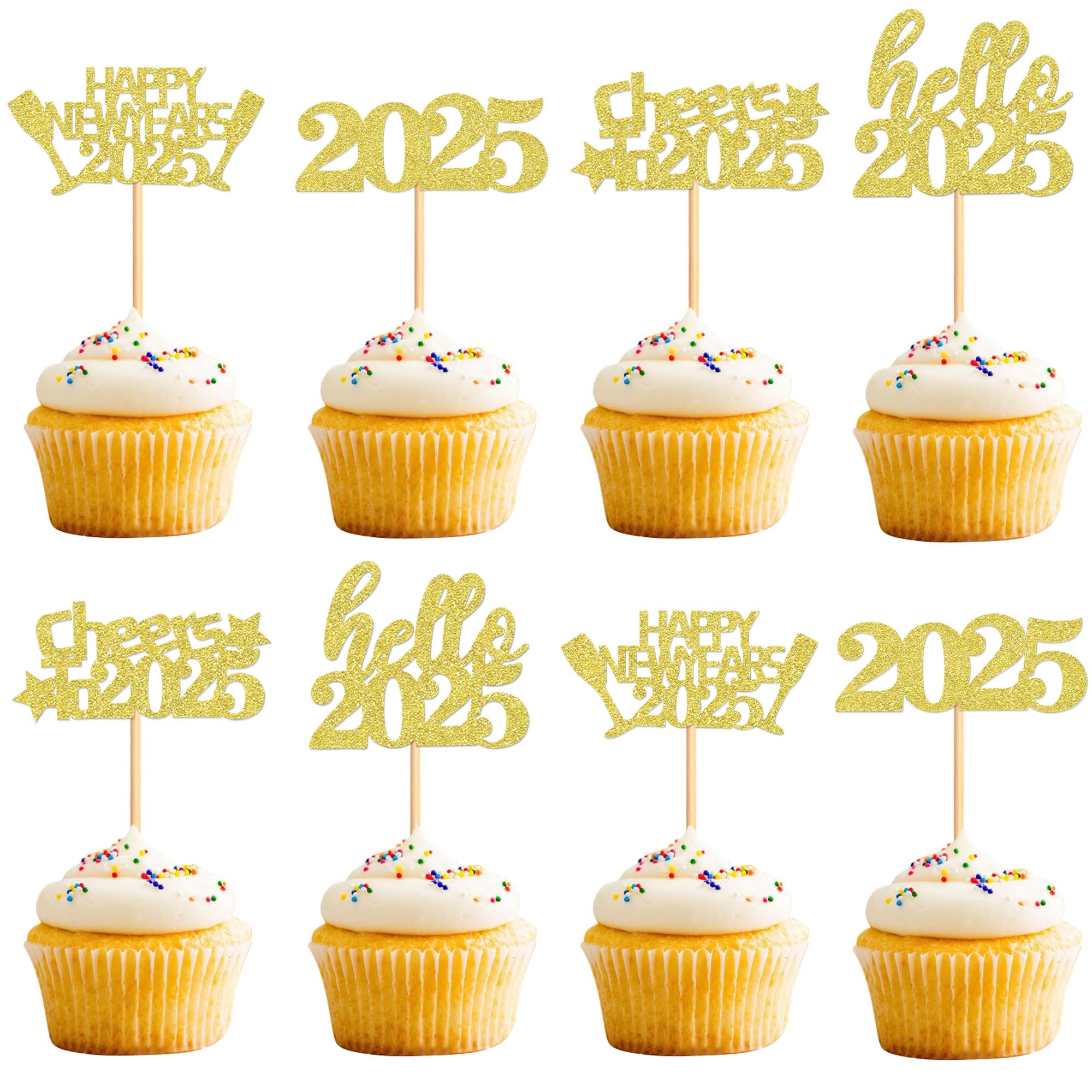 40 Pcs Gold Glitter New Year Cupcake Toppers 2025 - Cheers to 2025 Cake Picks for New Year's Eve Party Decorations - Perfect for Birthday, Wedding & Holiday Celebrations