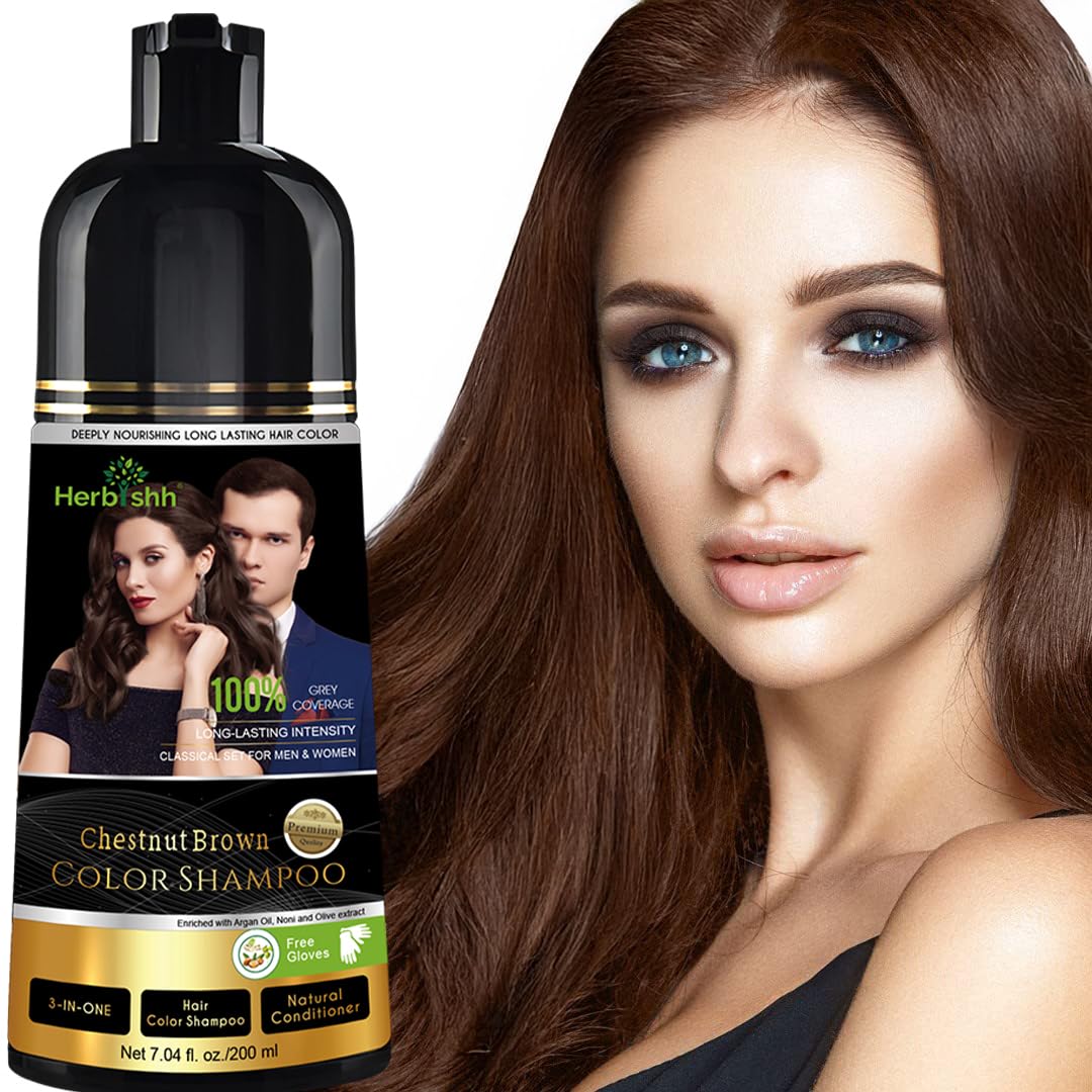 Herbishh Chestnut Brown Shampoo - 3-in-1 Hair Dye Shampoo with 100% Gray Coverage | Demi-Permanent Hair Color for Men & Women | Ammonia-Free, Long-Lasting Color in 20-25 Minutes (200ml) | Perfect for At-Home Hair Coloring & Quick Touch-Ups