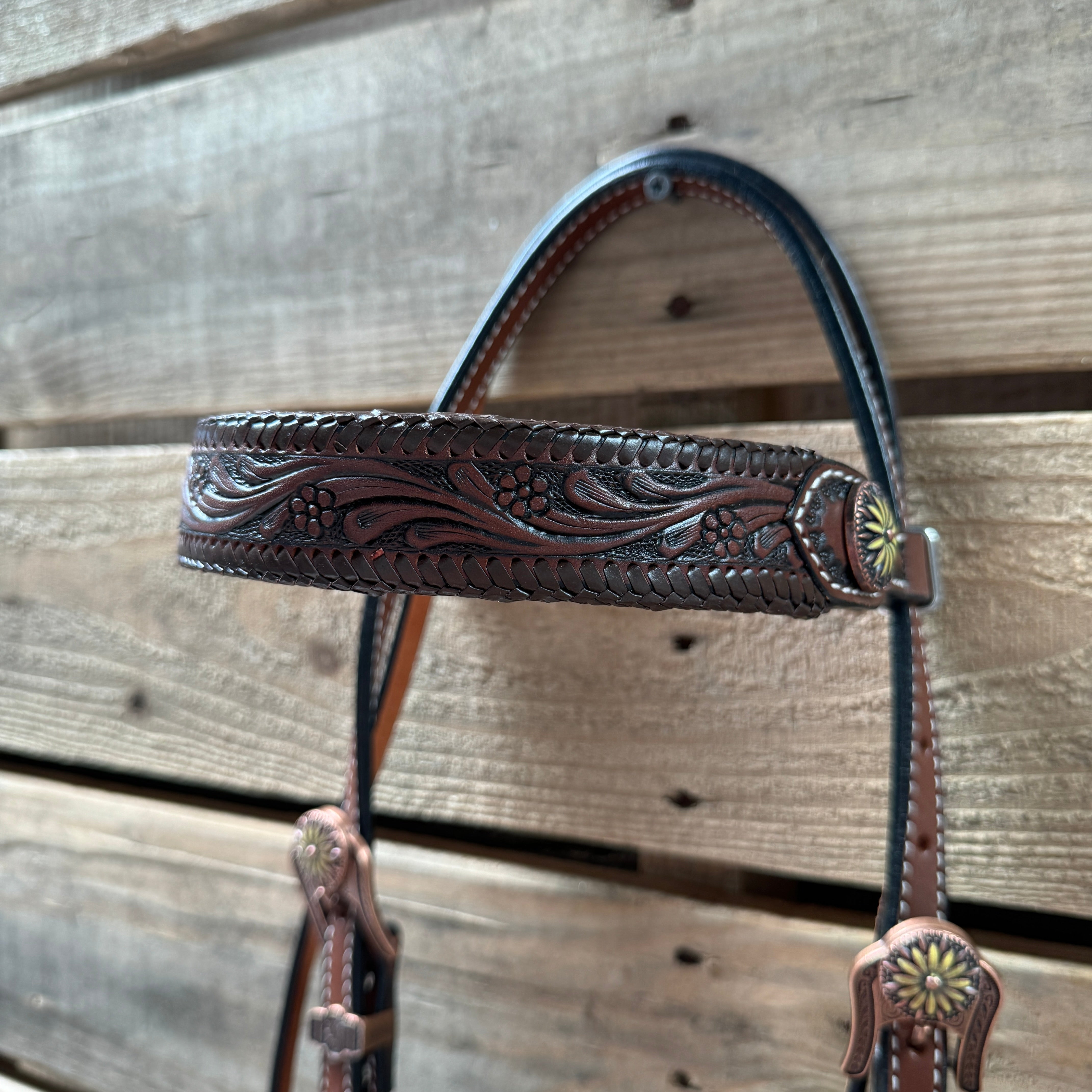 Premium Dark Oil Braided Sunflower Browband & One-Ear Breastcollar Tack Set for Horses - Durable Equestrian Riding Gear for Show, Trail & Dressage | Model #BBBC649