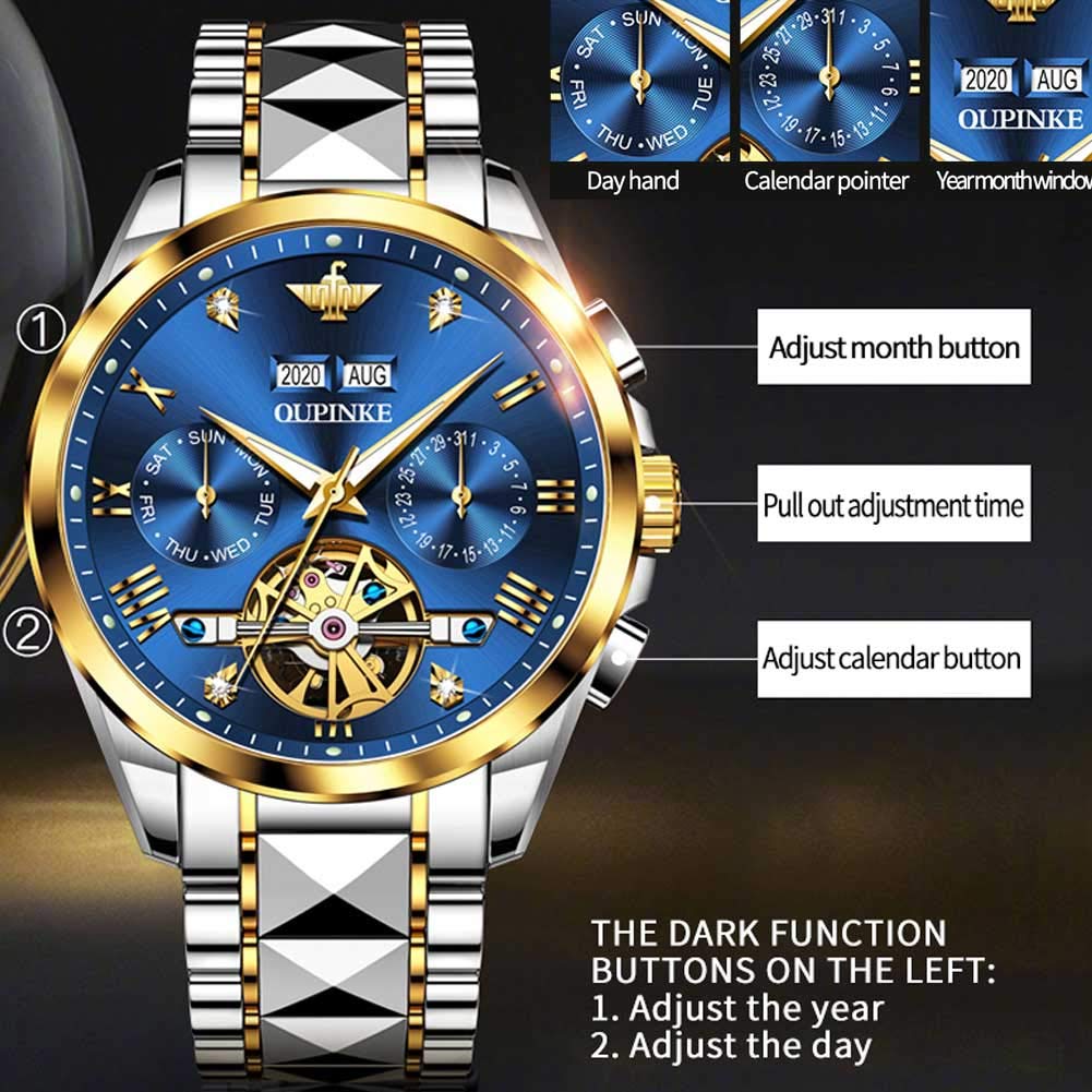 OUPINKE Men's Automatic Skeleton Mechanical Watch - Self-Winding Hollow Design, Sapphire Crystal, 50M Waterproof, Tungsten Steel Case - Perfect for Business, Formal & Casual Wear