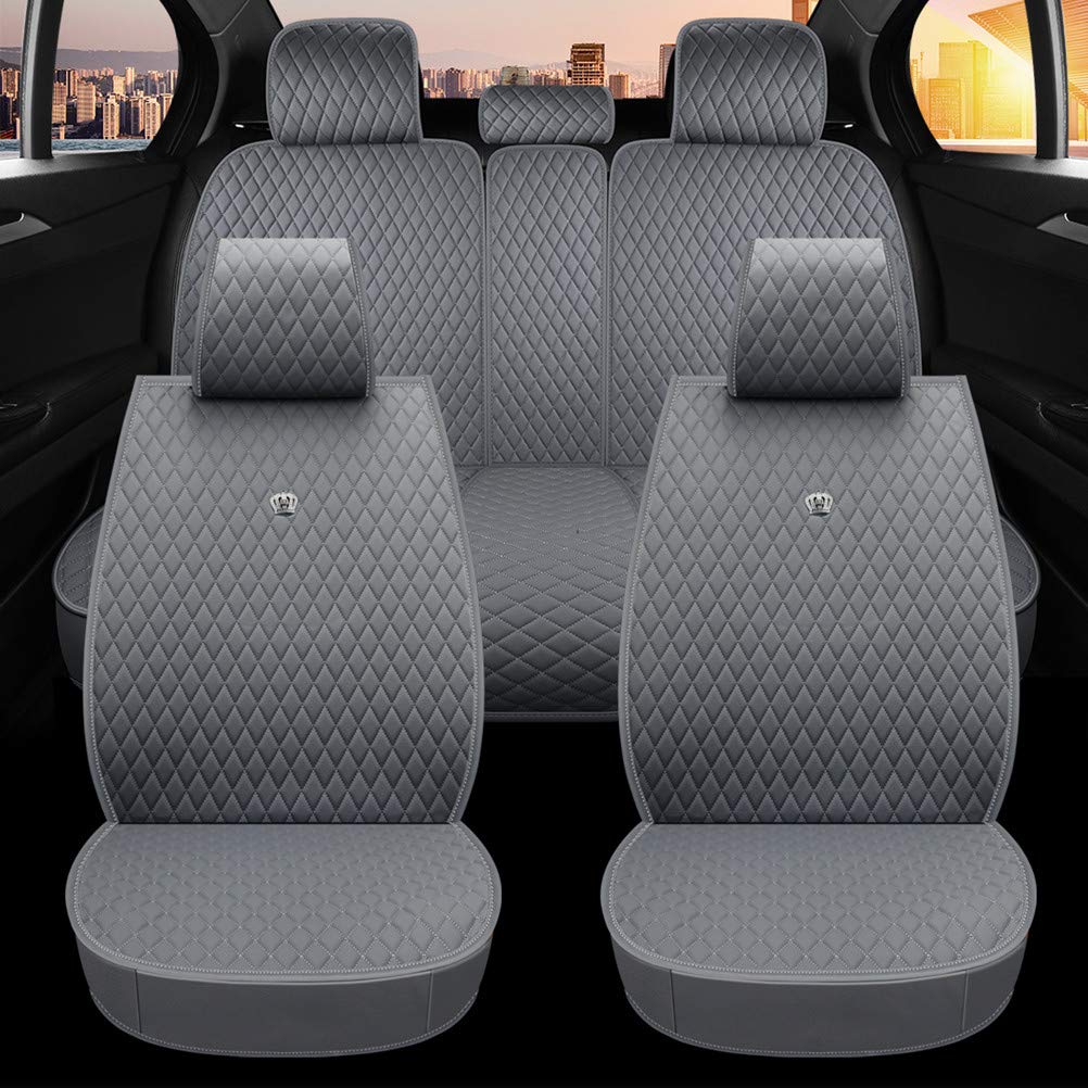 Premium Universal Leather Car Seat Covers with Crown Design - Airbag Compatible Front & Rear Set for Sedans, SUVs & Trucks (Light Gray) | Perfect for Daily Commutes, Road Trips & Protecting Your Vehicle's Interior