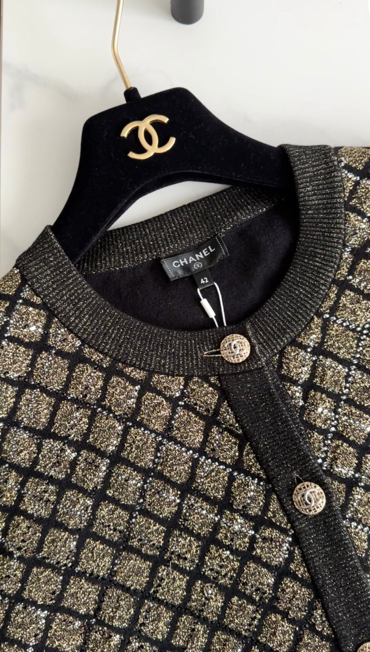 Chanel 20A Black & Gold Shimmer Knit Cardigan Sweater for Women - Soft Luxury Cashmere Blend - Perfect for Evening Parties & Date Nights (Size S/M)