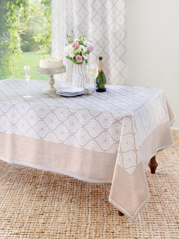 Luxury 100% Cotton Hand Block Printed Rectangle Tablecloth - White Vanilla Glacé, Washable & Durable for Home Decor, Kitchen, Coffee or Dining Table (70x120 Inches) | Perfect for Dinner Parties, Brunch Gatherings & Holiday Decorations
