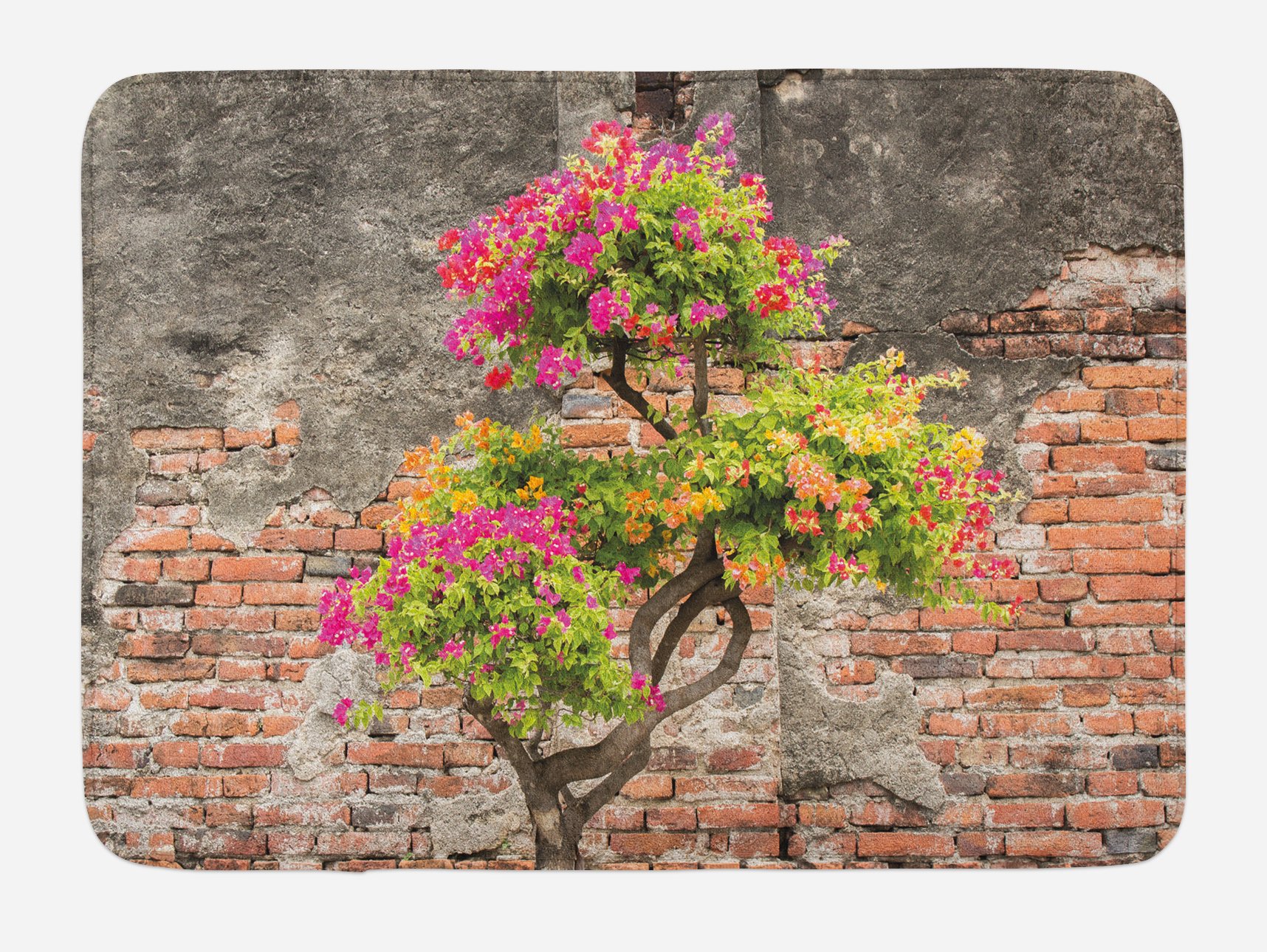 Ambesonne Non-Slip Plush Bath Mat - Brick Wall Design with Fuchsia Flower Tree, 30.2 x 20 Inch, Multicolor | Soft Bathroom Rug for Floor Decor, Shower Mats for Kids & Adults, Perfect for Bathroom, Laundry Room, and Kitchen Use