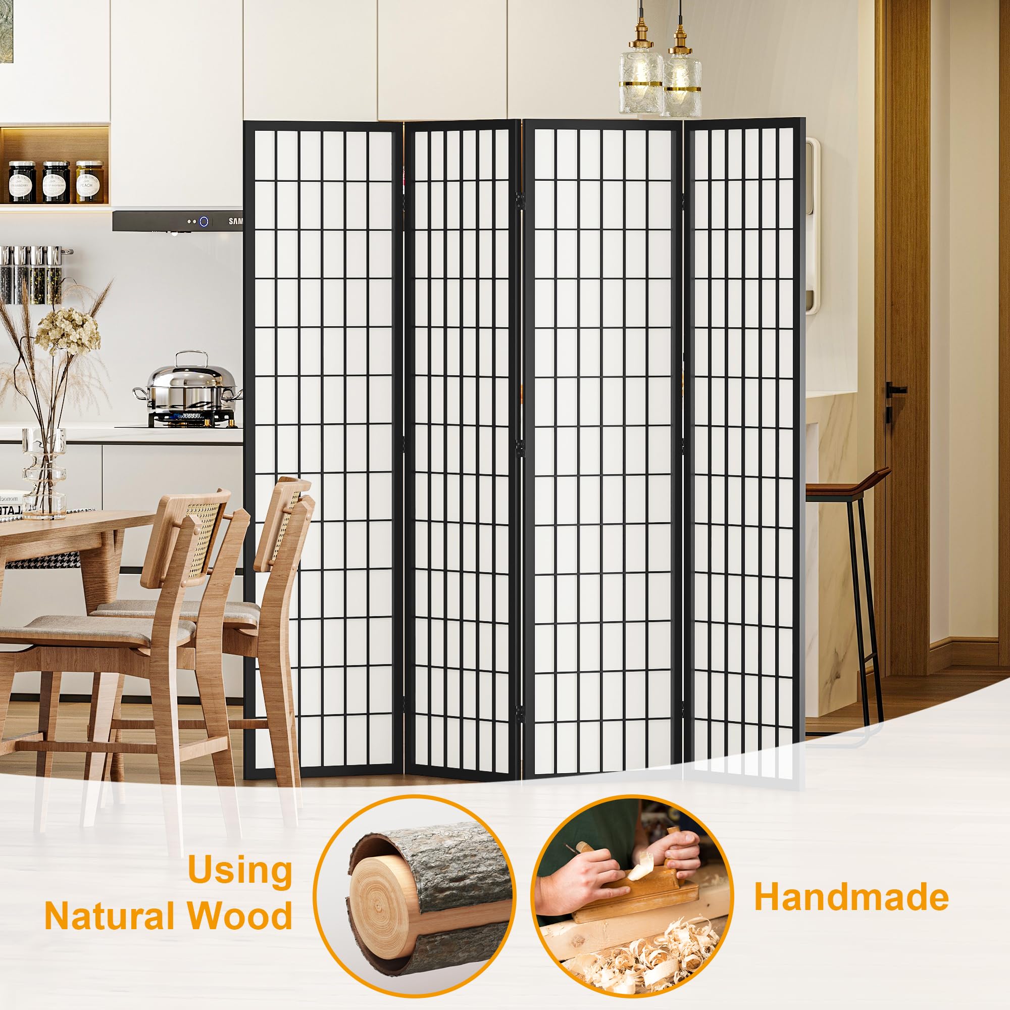 4 Panel Shoji Screen - Japanese Room Divider & Folding Privacy Screen for Living Room, Bedroom, Office - 66.9 Inches Tall, No Assembly Required, Black - Perfect for Home Decor, Zen Spaces & Room Partitioning
