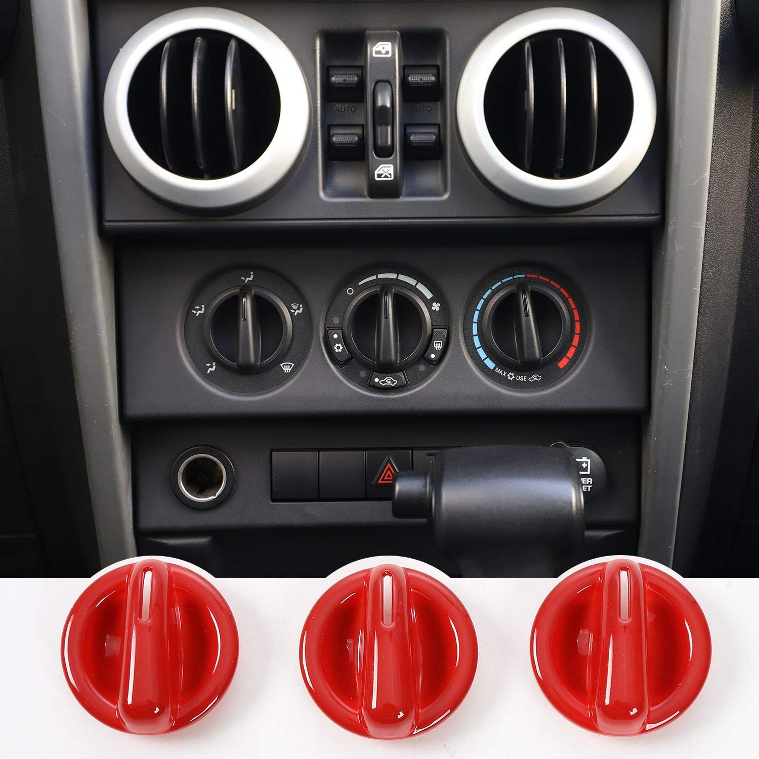 3PCS Red Center Console AC Switch Knob Cover Trim for Jeep Wrangler JK JKU 2007-2010 - Interior Dashboard Accessories for Enhanced Protection & Style | Perfect for Off-Roading & Daily Driving