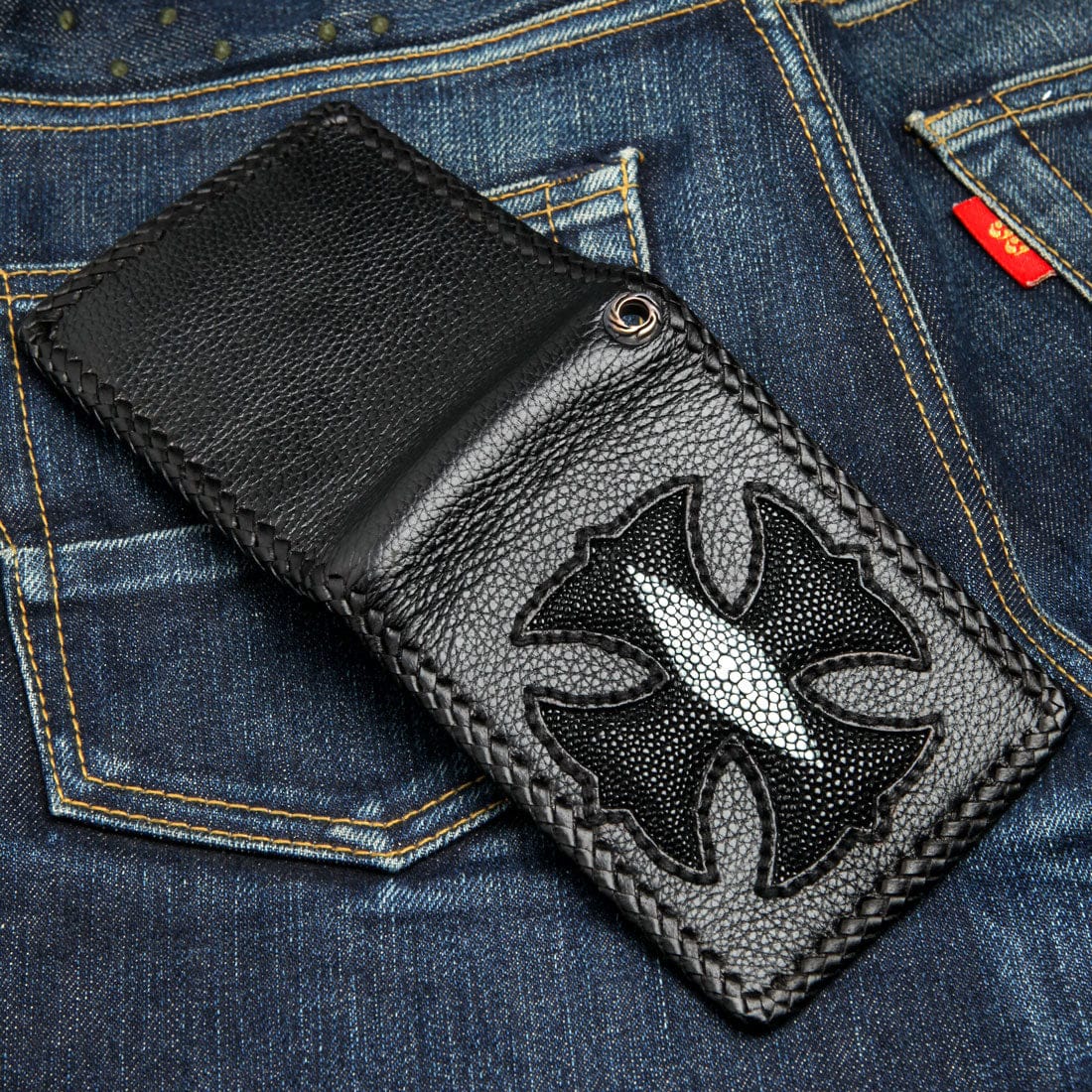 Genuine Stingray Leather Biker Wallet with Black Cross Inlay - Stylish & Durable Men's Wallet for Motorcycle Riders & Everyday Use