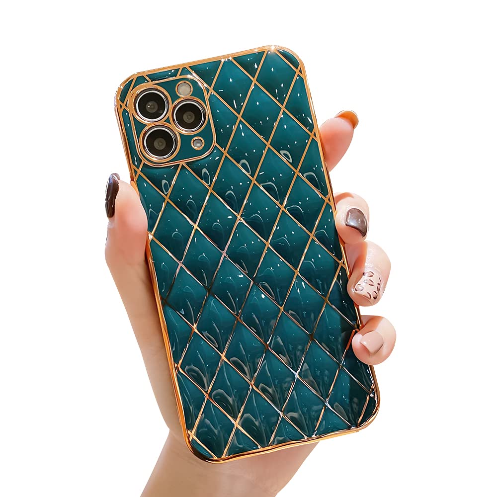 Luxury Gold Plated Diamond Geometric iPhone 11 Pro Max Case for Women - Soft TPU Shockproof Protective Cover with Camera Protection (Dark Green) | Perfect Gift for Birthday, Anniversary & Daily Use