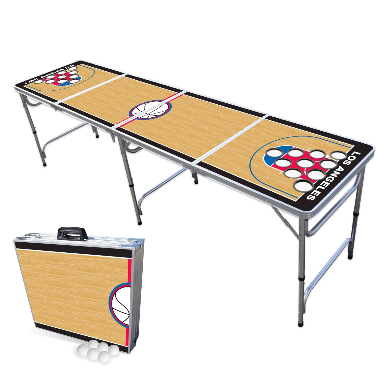 8-Foot Folding Portable Beer Pong Table with LED Lights & Optional Cup Holders - Perfect for Parties, Backyard Games & Tailgating - Choose Your Model (Los Angeles Basketball Court Design)