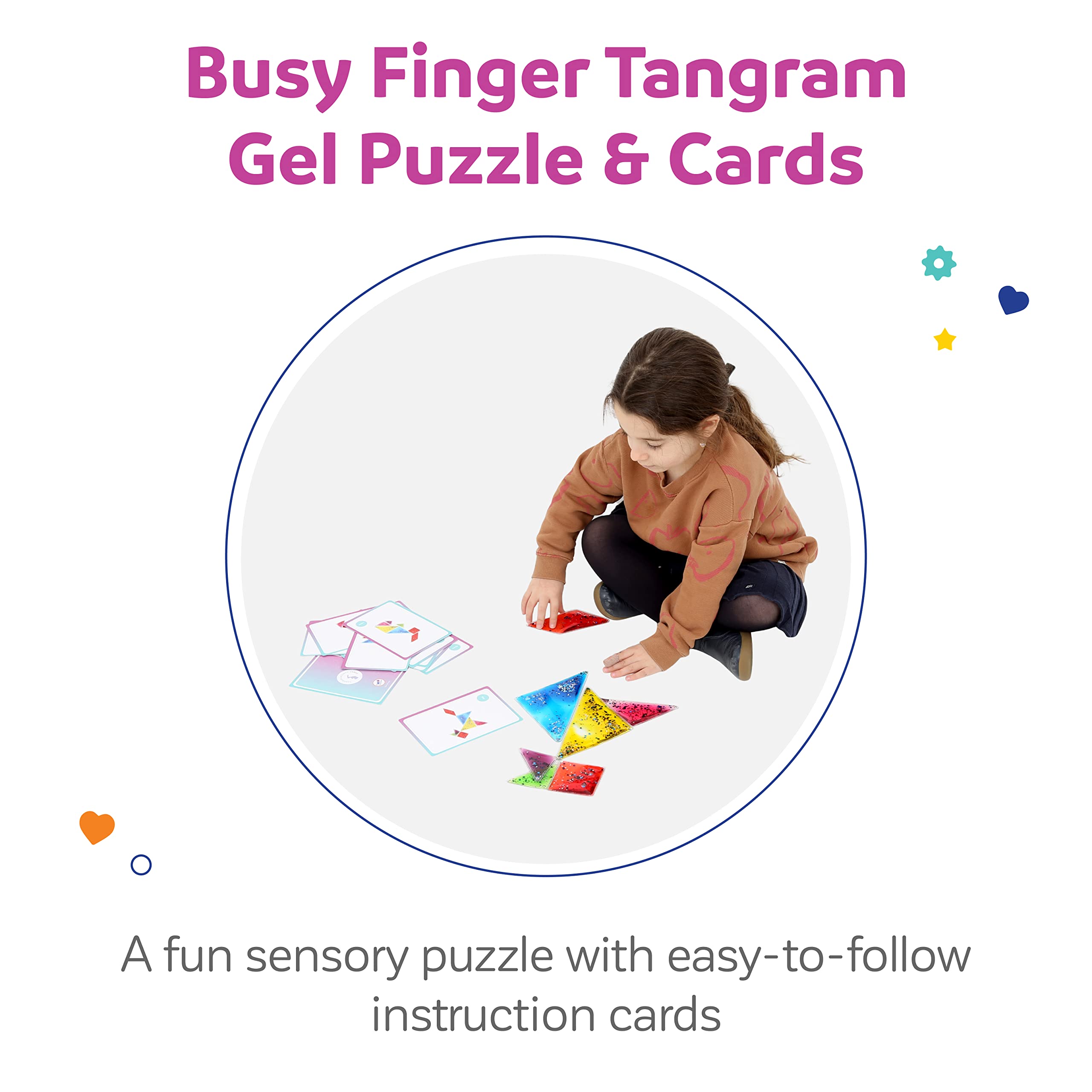 Fun and Function Busy Fingers Tangram Gel Puzzle Set with Pattern Block Cards - Geometric Shape Sensory Puzzle for Kids Ages 3+ - Perfect for Preschool Learning, Occupational Therapy & Quiet Time Activities