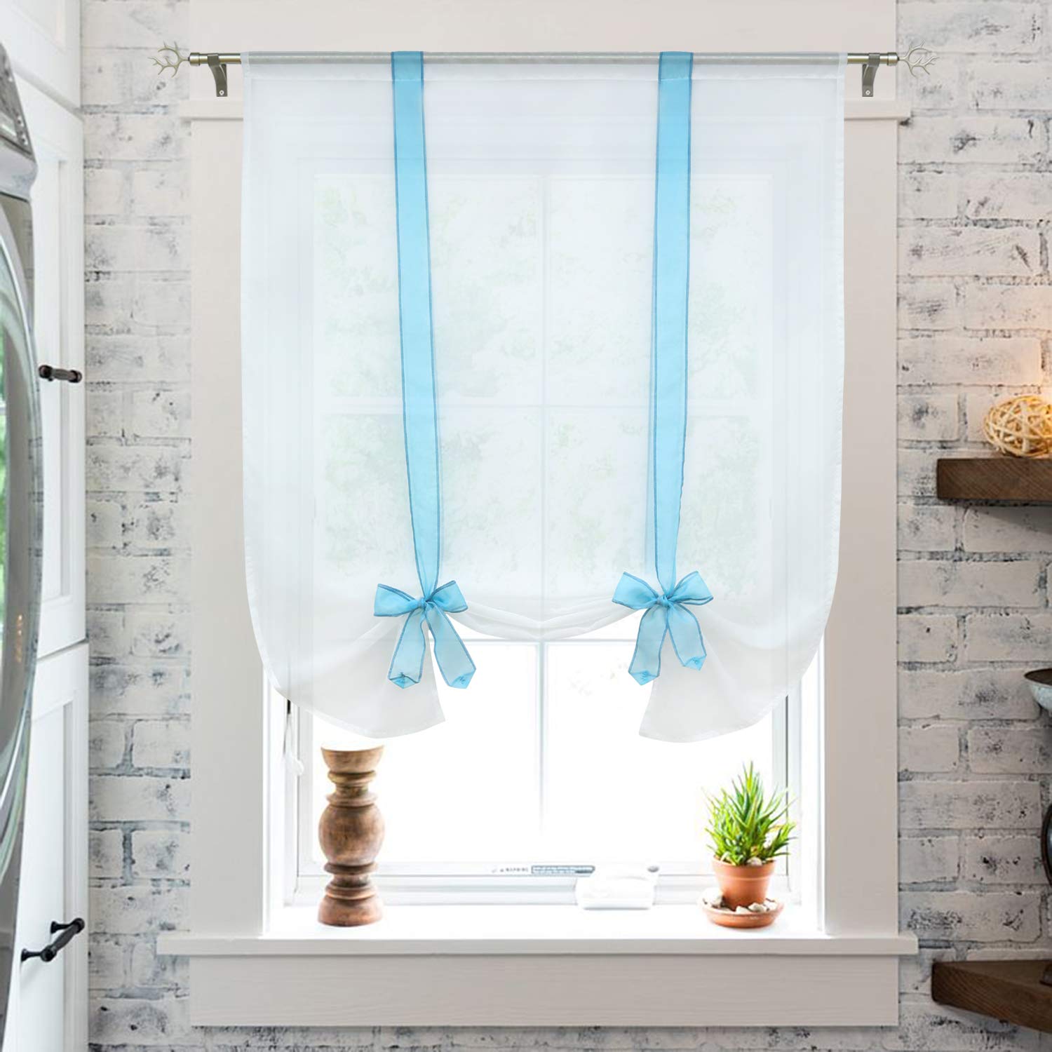 Elegant Balloon Shades with Bowknot Tie-Up - Sheer Voile Window Curtain with Rod Pocket - Roman Shade for Bedroom & Living Room - 1 Panel (Blue, 23x55 Inches) - Perfect for Home Decor & Light Filtering