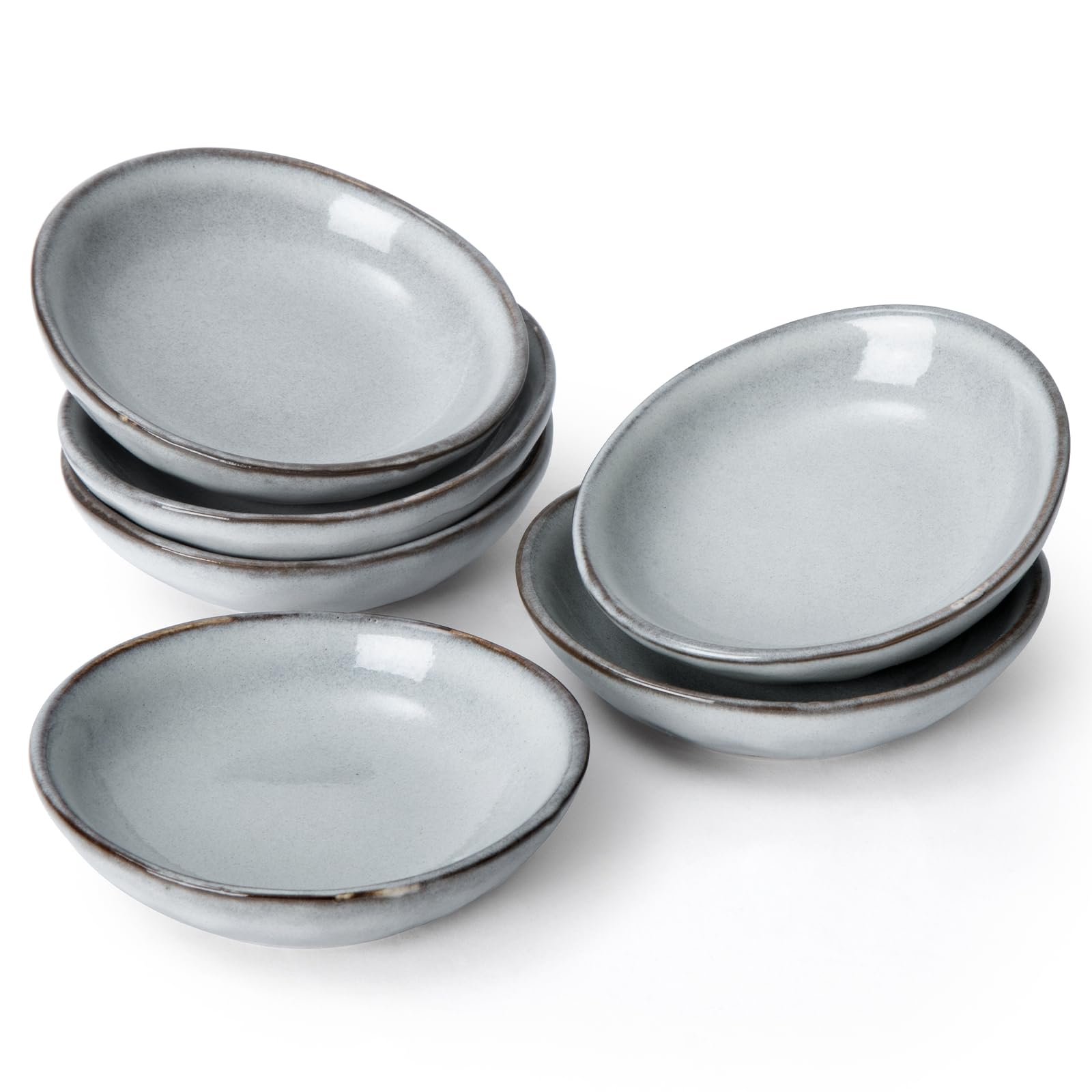Famiware 6-Piece Ocean Soy Sauce Dishes Set - 2.1oz Ceramic Small Bowls for Dipping Sauces, Side Dishes, Appetizers, Snacks & Sushi | Reactive Glaze Finish, Dishwasher Safe, Grey | Perfect for Japanese Cuisine, Asian Restaurants & Home Kitchens