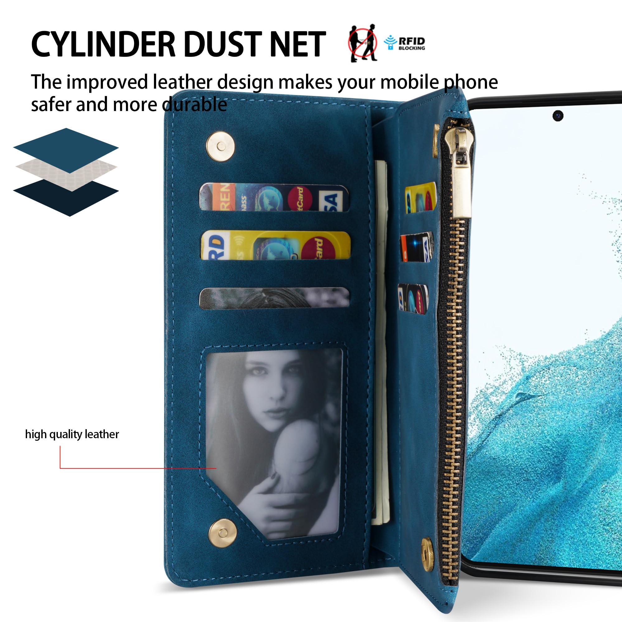 Premium Soft PU Leather Zipper Flip Wallet Case for Samsung Galaxy S22 (6.1 Inch) - Card Slots, Wrist Strap & Kickstand | Protective Cover for Everyday Use, Travel & Business Meetings (Blue)