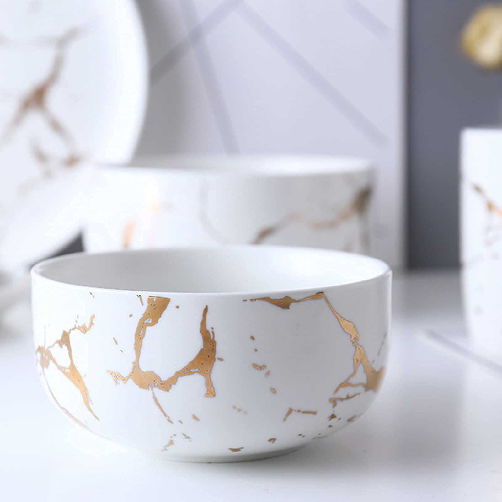 Premium LUCCK 17oz Ceramic Marble Soup & Cereal Bowl - Microwave & Dishwasher Safe - Elegant Gold Inlay Design for Oatmeal, Rice, Desserts - Perfect for Breakfast, Snacks & Dining (White)