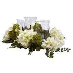 Artificial Hydrangea Plants Triple Candelabrum - Silk & Plastic Floral Arrangement in Green, White, Purple - Home Decor, Wedding Centerpiece, Tabletop Display