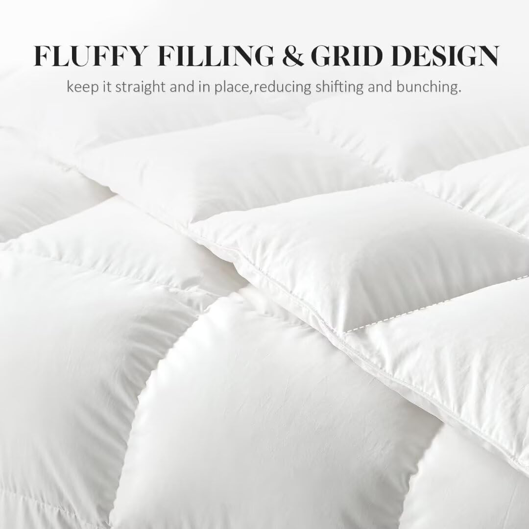 Premium Feather Down Fiber Comforter - All Season Luxury White Bedding - Ultra Soft 100% Cotton Duvet Insert - King Size 106x90 Inches - Perfect for Master Bedrooms, Guest Rooms & Cozy Winter Nights