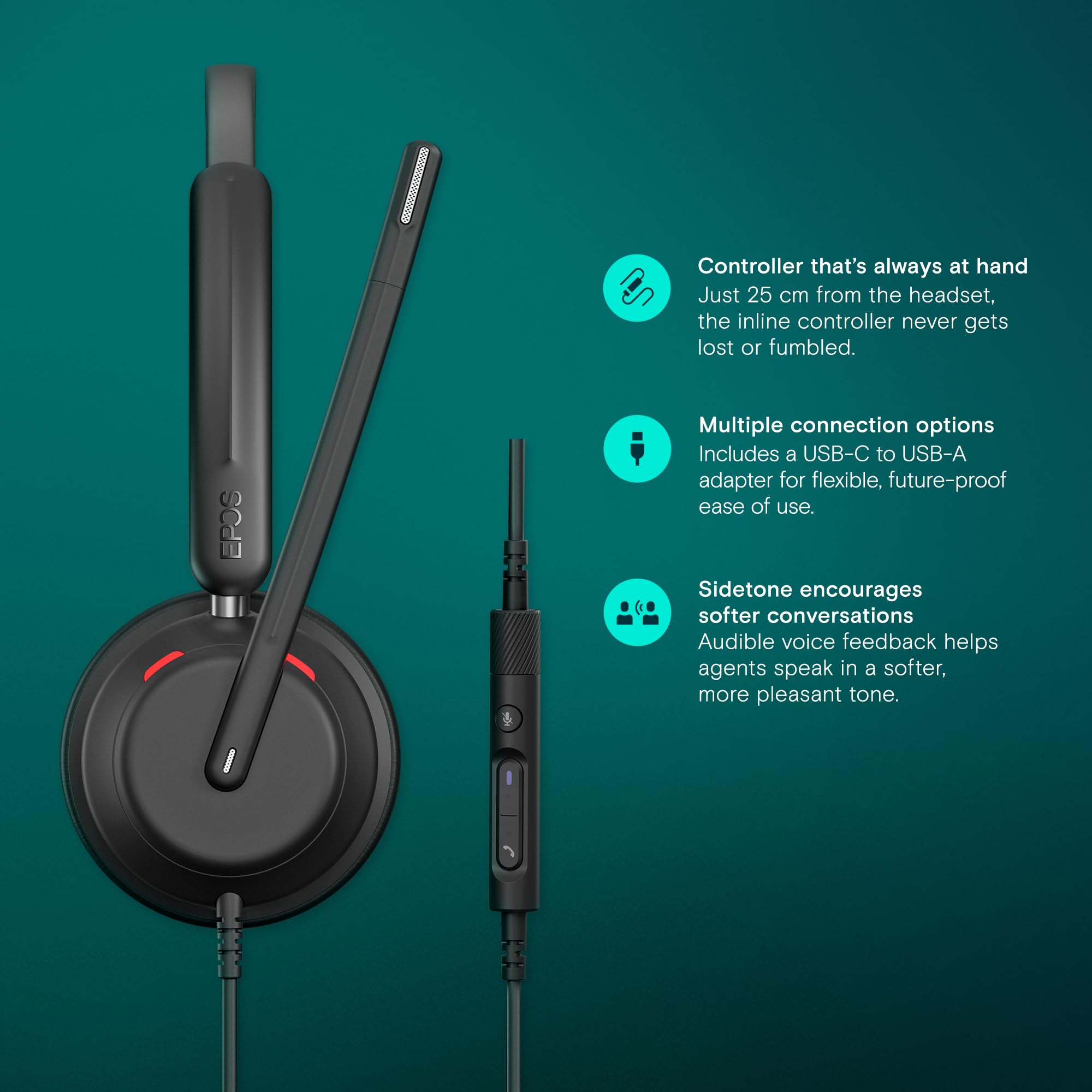 EPOS Impact 760 USB-C/USB-A Wired Office Headset with Noise Cancelling Microphone, In-Line Controls, Clear Audio & Comfortable Ear Cushions - Perfect for Business Calls, Remote Work, Video Conferencing & Online Meetings