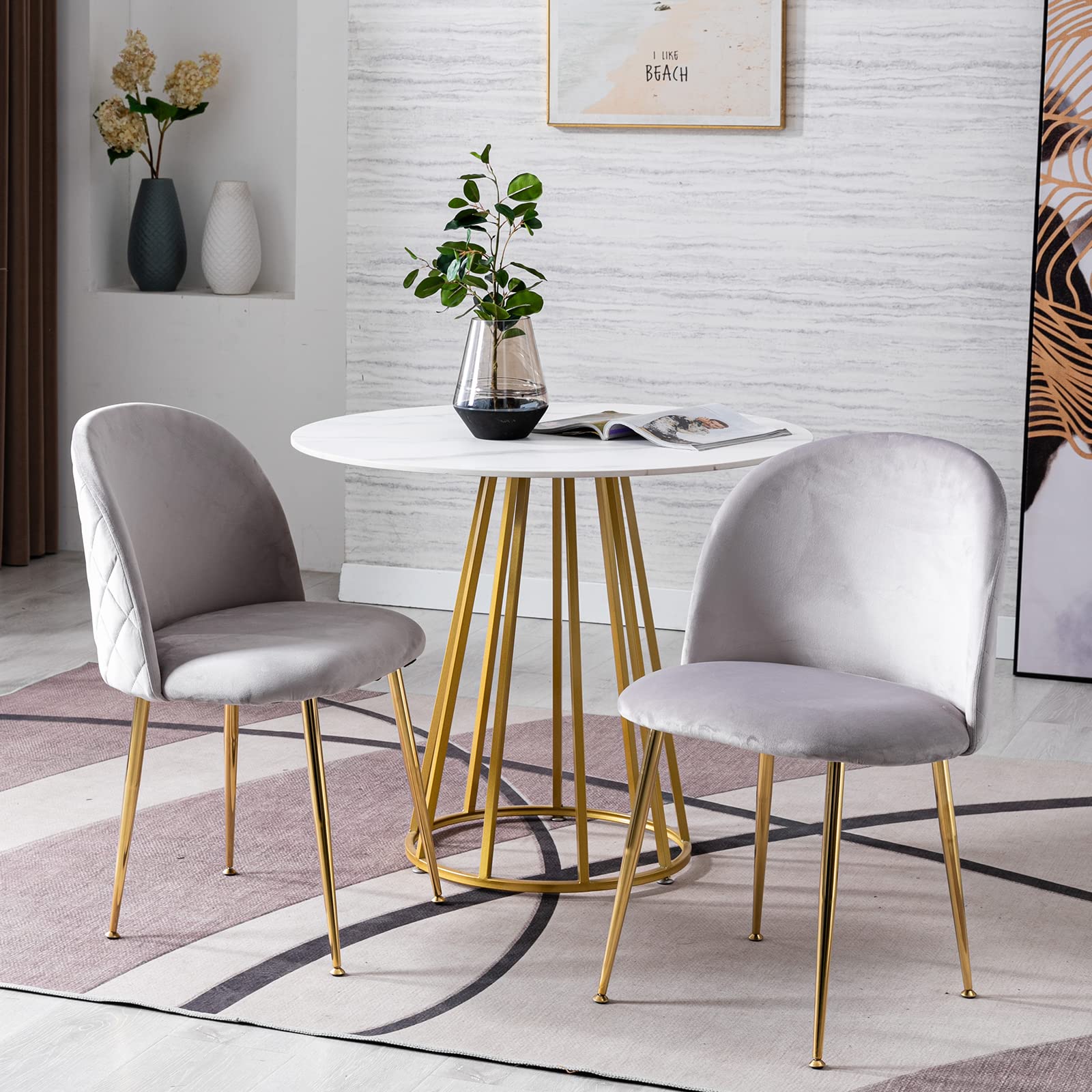 ZSARTS Velvet Accent Chairs Set of 2 - Mid Century Modern Upholstered Dining Chairs with Gold Metal Legs for Living Room, Bedroom, Kitchen - Soft Grey Home Decor for Cozy Reading Nook & Elegant Dinner Parties