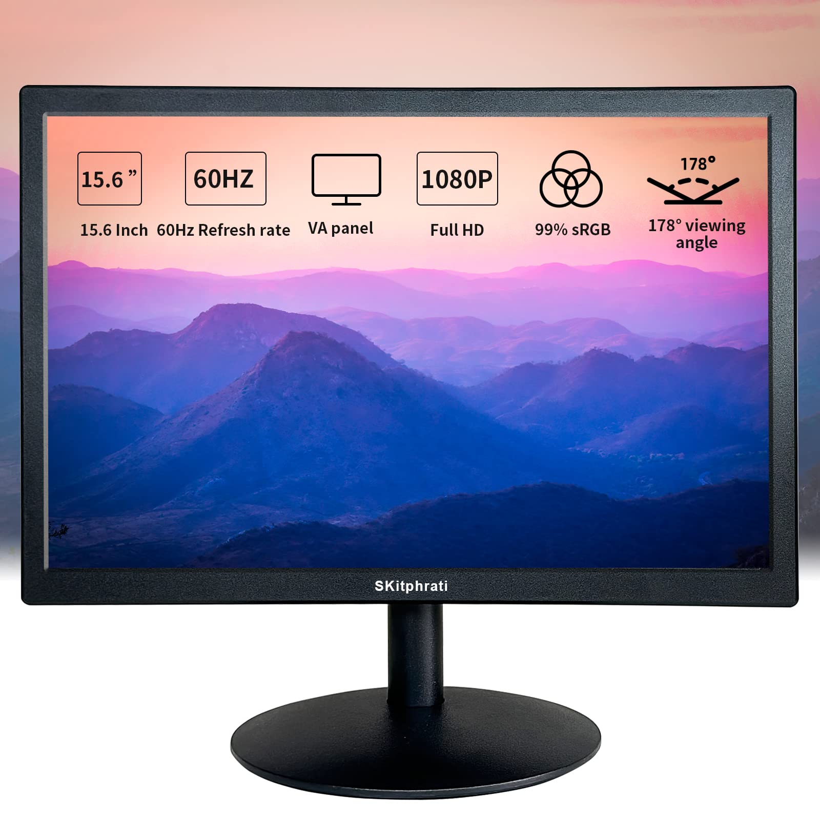 15.6 Inch FHD 1080P VA Computer Monitor - 1920x1080 Resolution, 99% sRGB, HDMI & VGA Ports, VESA Mount - Slim LED Display for Desktop PC, Laptop, Gaming & Office Work (Black) - Perfect for Home Office, Gaming Setup & Multi-Screen Workstations