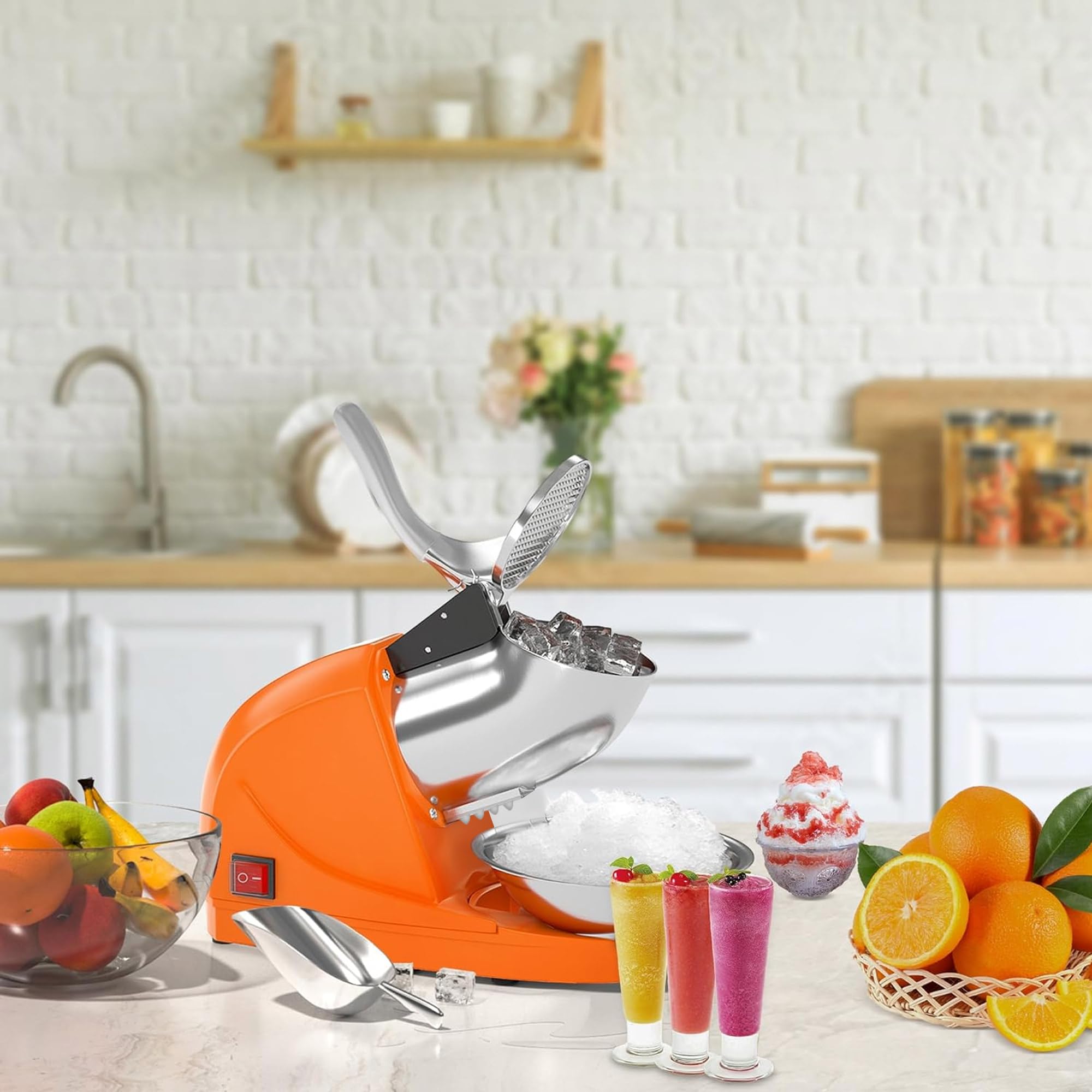 Electric Shaved Ice Machine - 380W 3-Blade Commercial & Home Snow Cone Maker - 286 lb/hr High-Capacity Ice Crusher (Orange) - Perfect for Parties, Events, and Home Refreshments