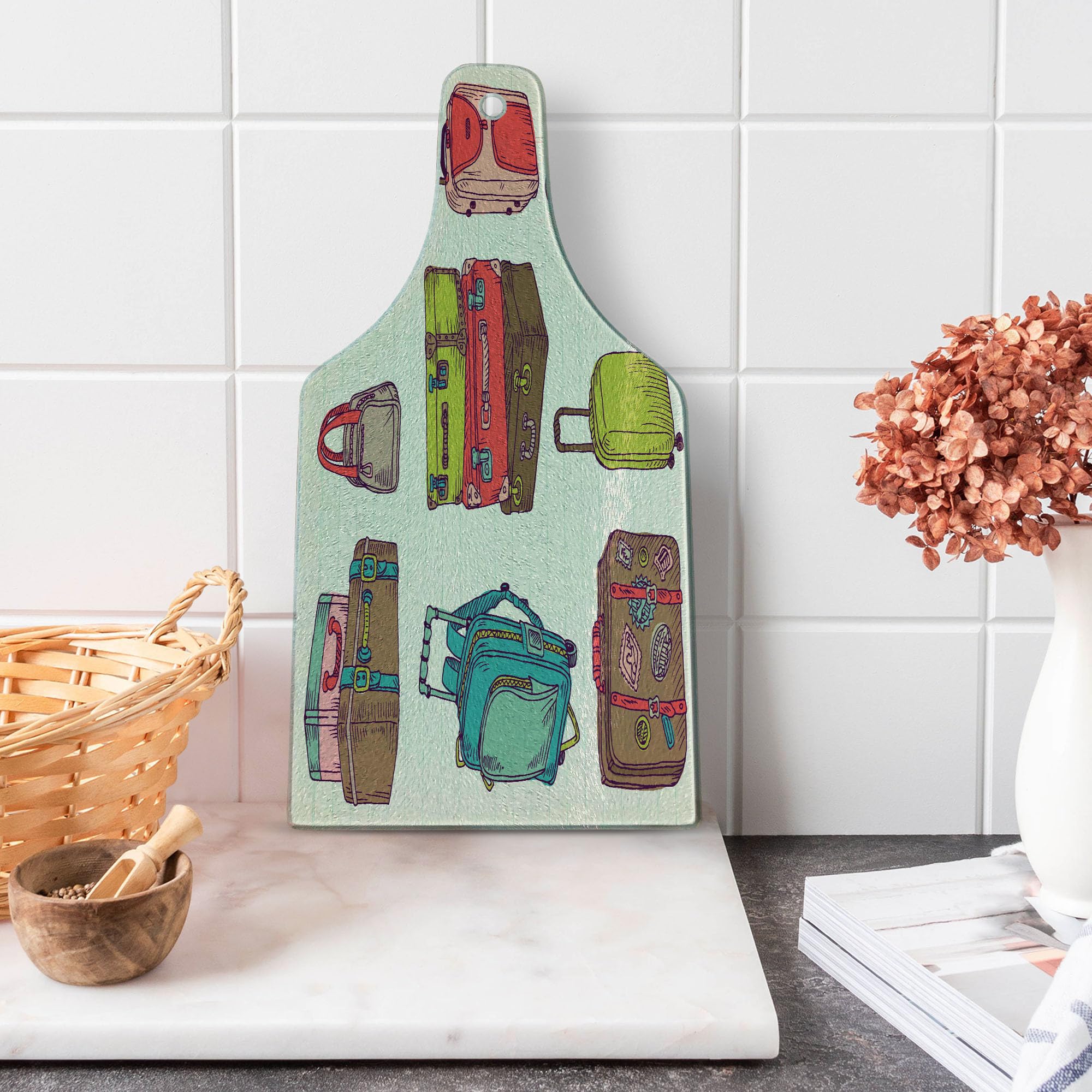 Ambesonne Vintage Travel-Themed Cutting Board - Colorful Suitcase Design Tempered Glass Serving Board for Kitchen & Entertaining | Wine Bottle Shape Artwork for Cheese, Charcuterie & Party Decor