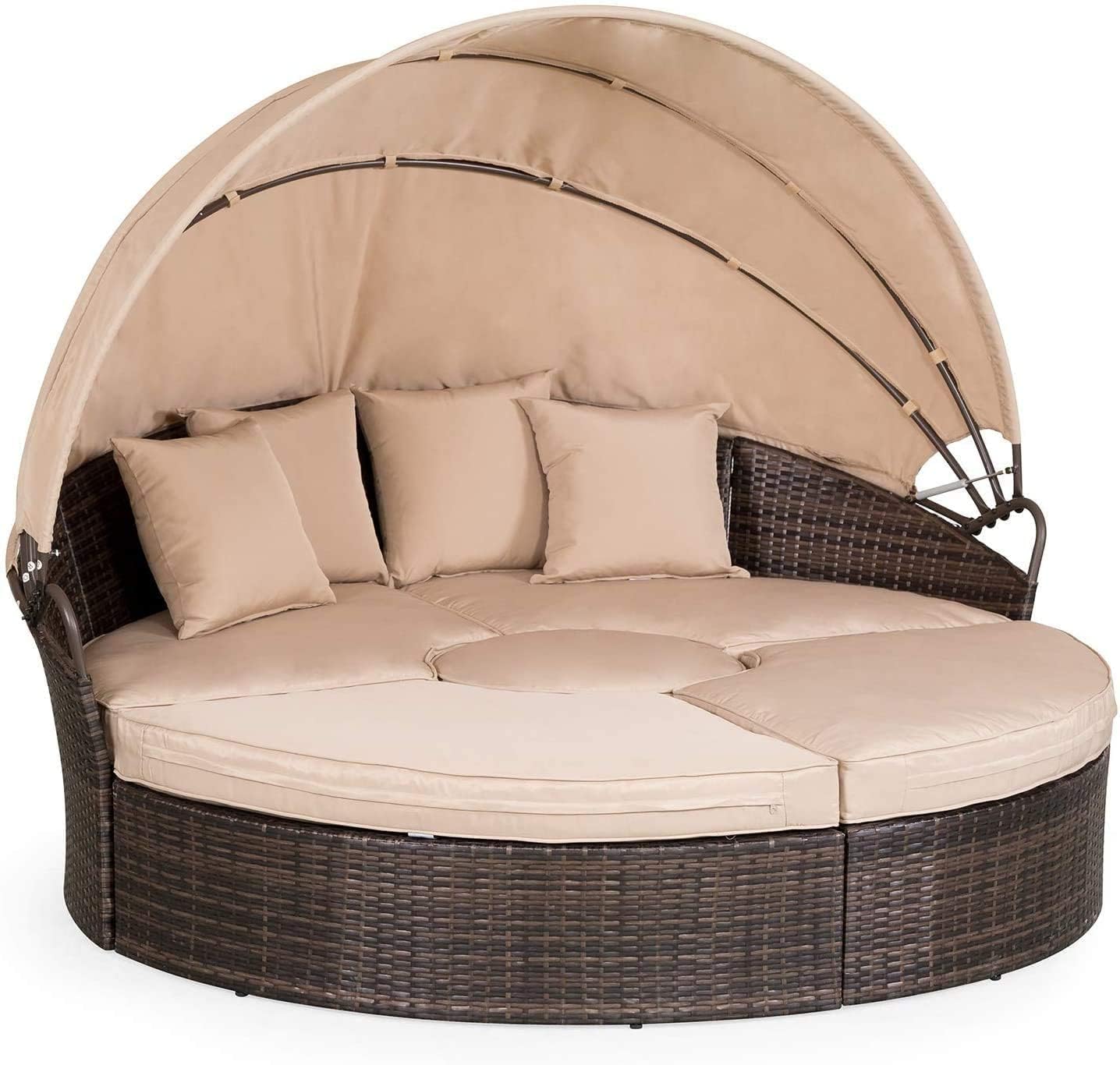 Outdoor Round Daybed Sofa Set with Retractable Canopy - 4-Piece Brown Wicker Patio Furniture with Cushioned Sectional & Round Center Table - Perfect for Poolside, Garden, Lawn, and Backyard Relaxation